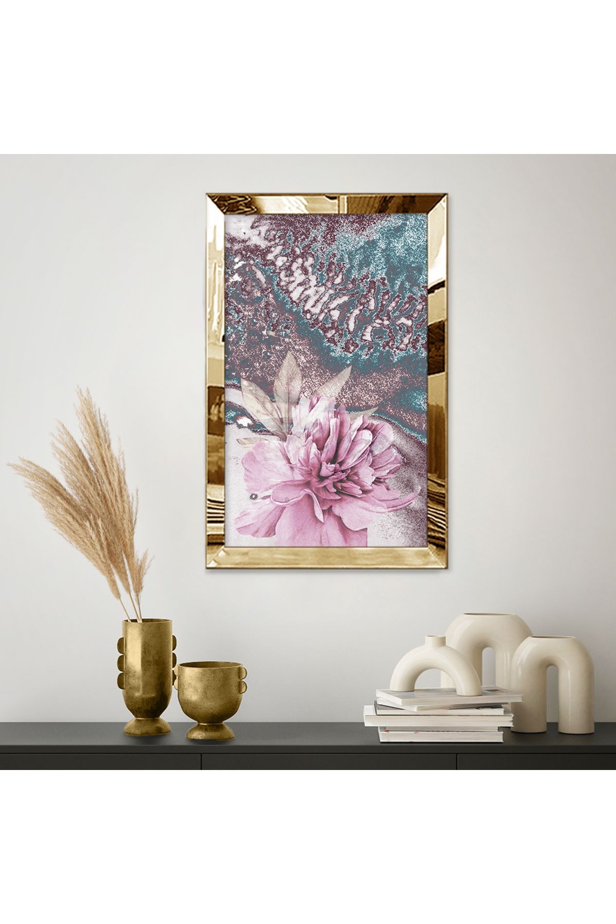 Gold Aynalı Pleksi Çerçeveli Karışık Desenlili Pembe Çiçek Mdf Tablo