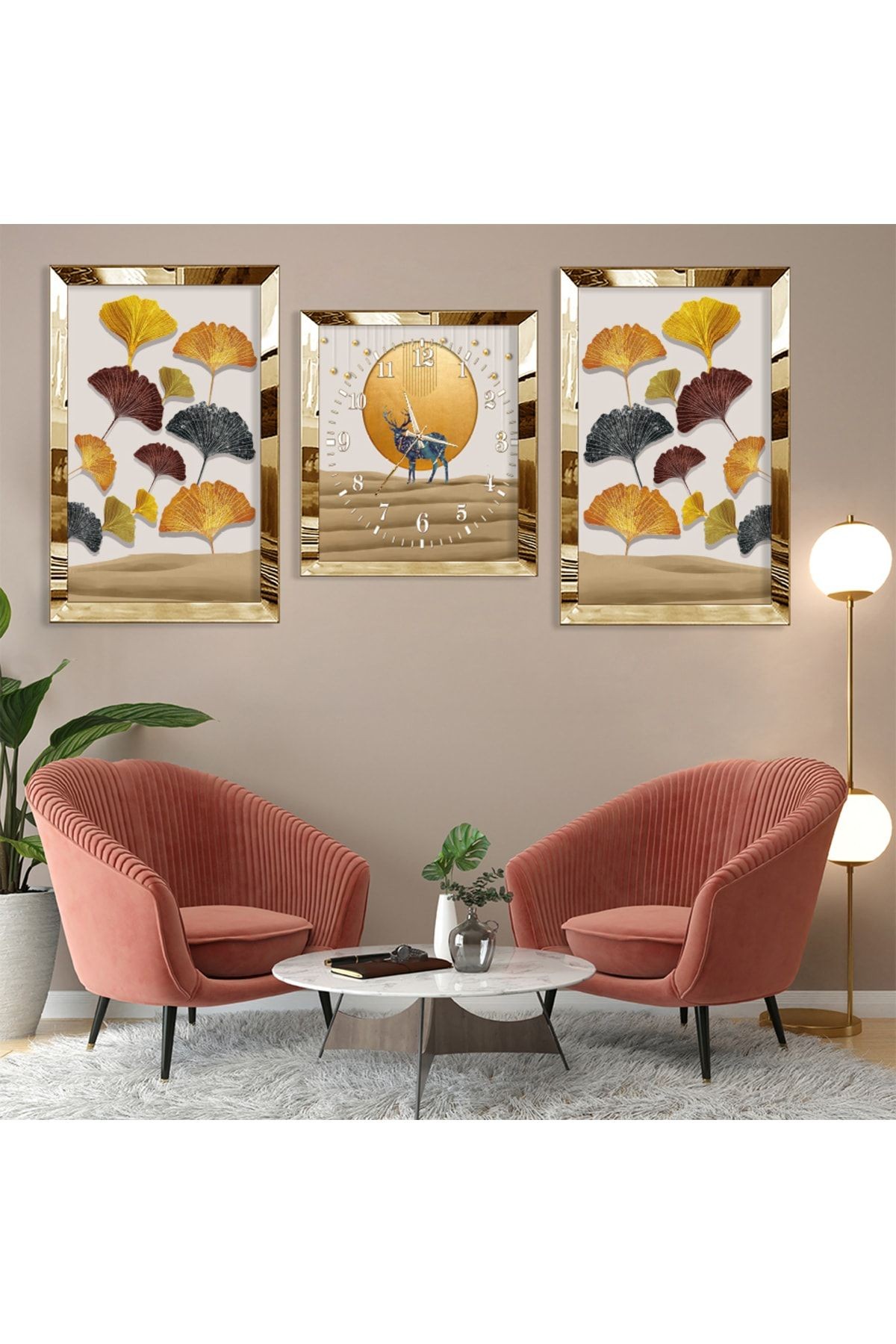 Geyik Soyut Desen Gold Pleksi Kenar Üçlü Mdf Tablo Seti Ve Saat Seti