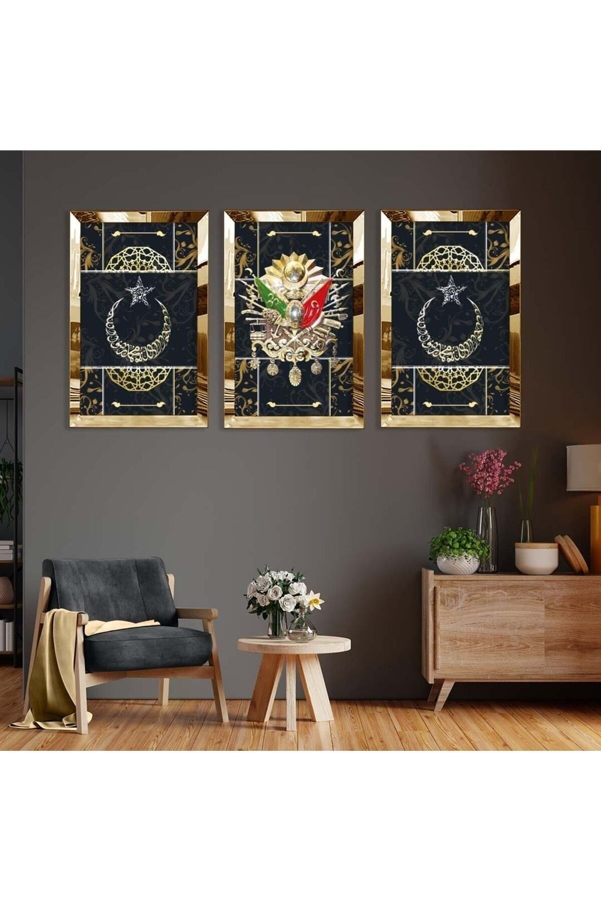 Gold Aynalı Pleksi Çerçeveli Osmanlı Tuğrası Üçlü Mdf Tablo Seti