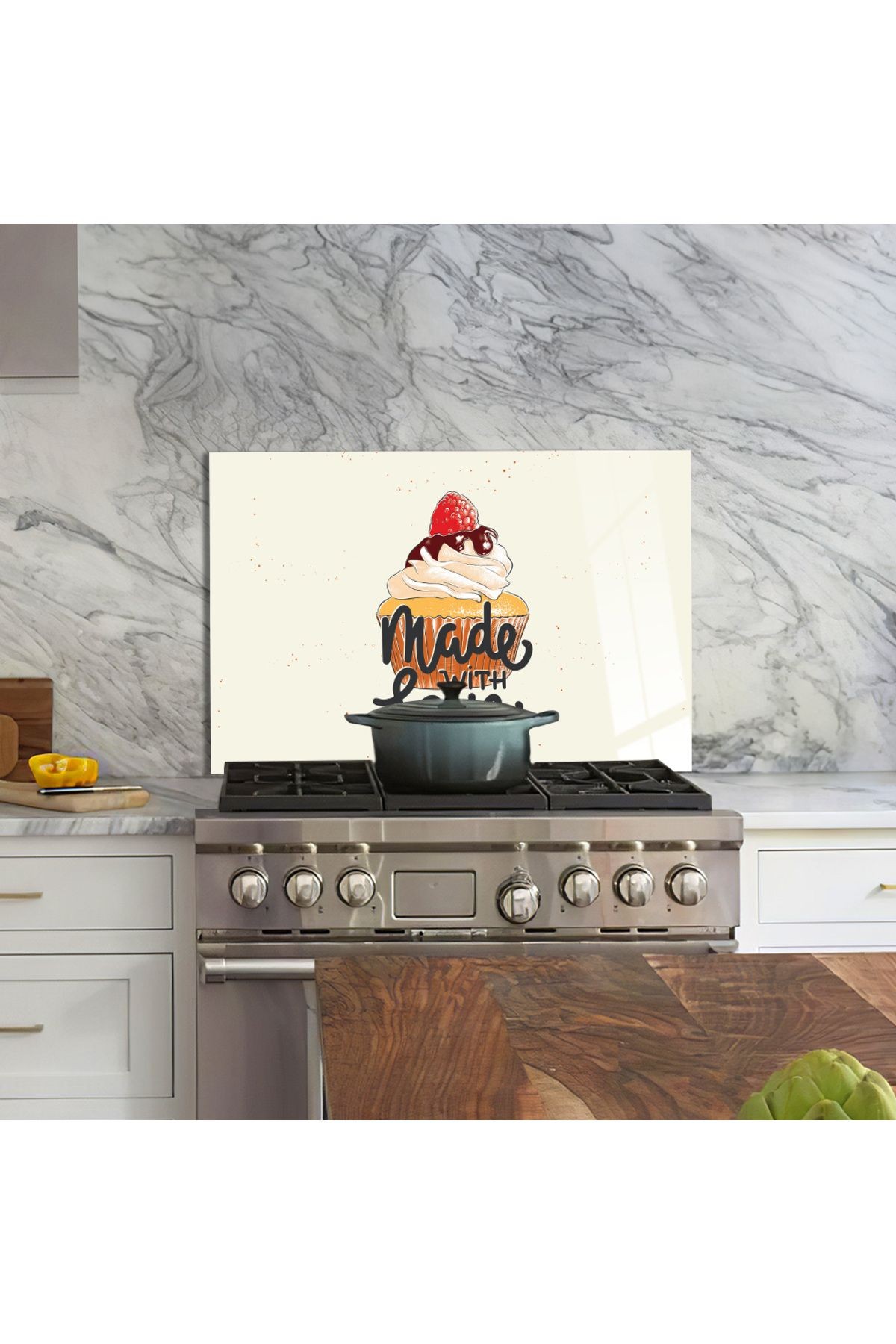 Ocak Arkası Temperli Cam Cupcake Çizimli "Made With Love" Yazılı