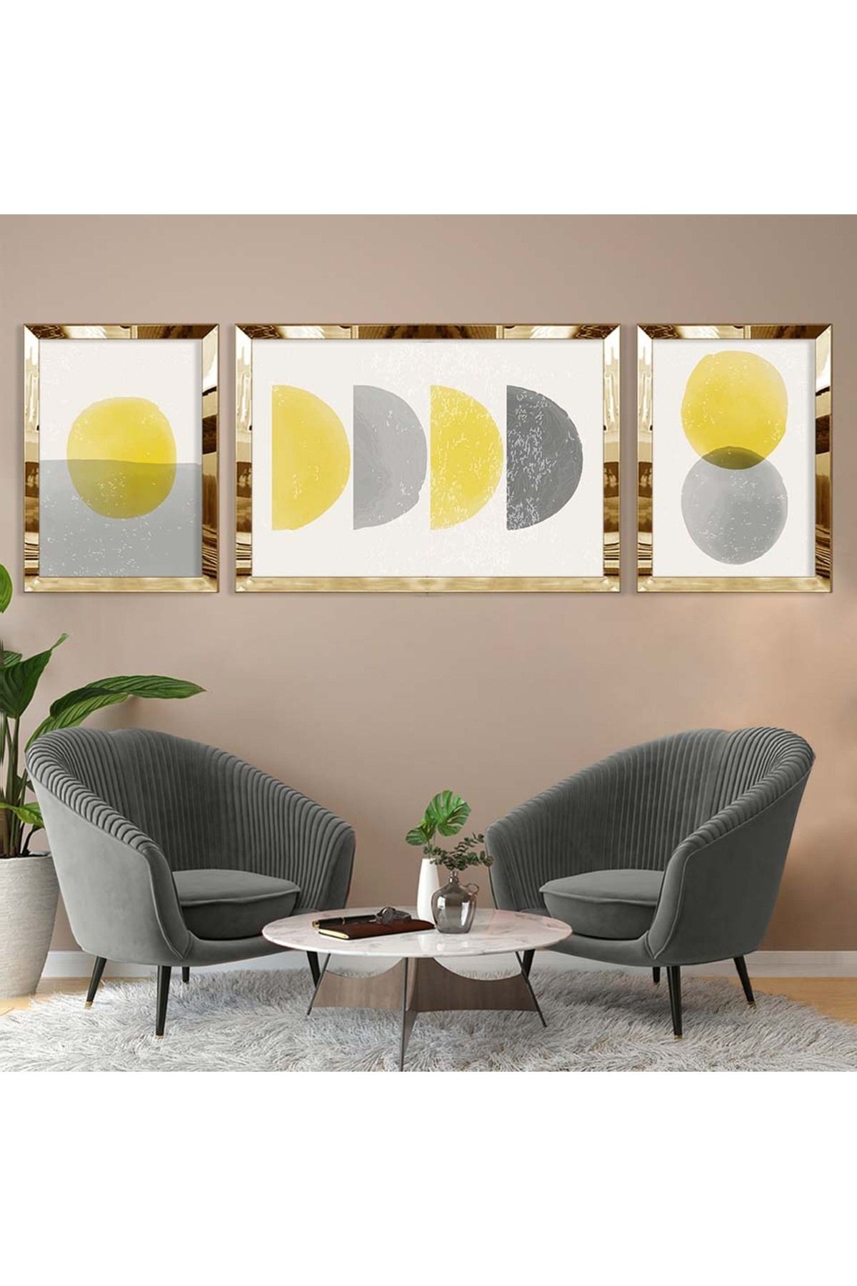Gold Aynalı Pleksi Çerçeveli Üçlü Beyaz Arka Planlı Yarım Yuvarlak Desenli Mdf Tablo Seti