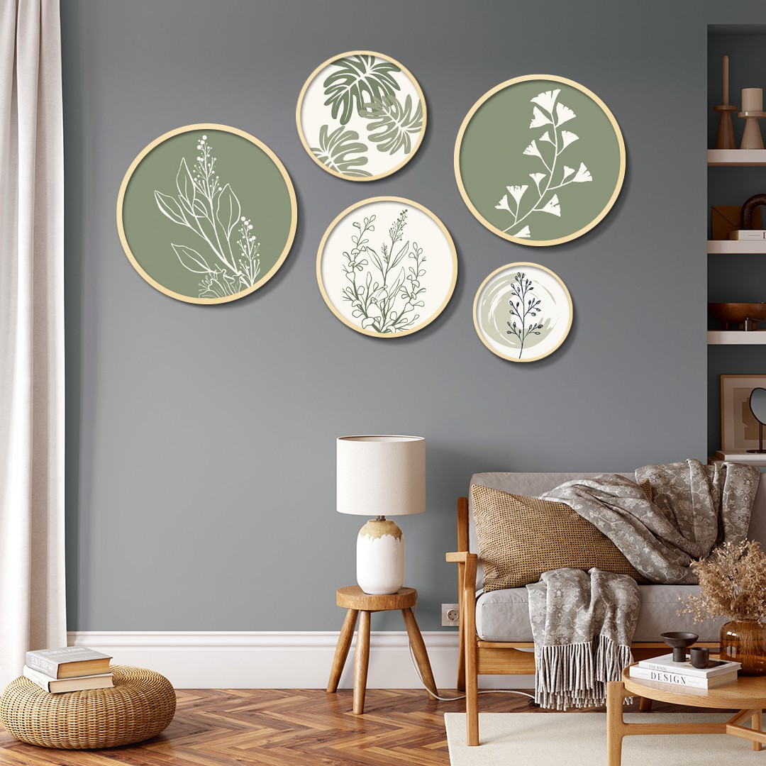 Yuvarlak Ahşap Çerçeveli Yeşil ve Beyaz Minimalist Bitkiler Tablo Seti