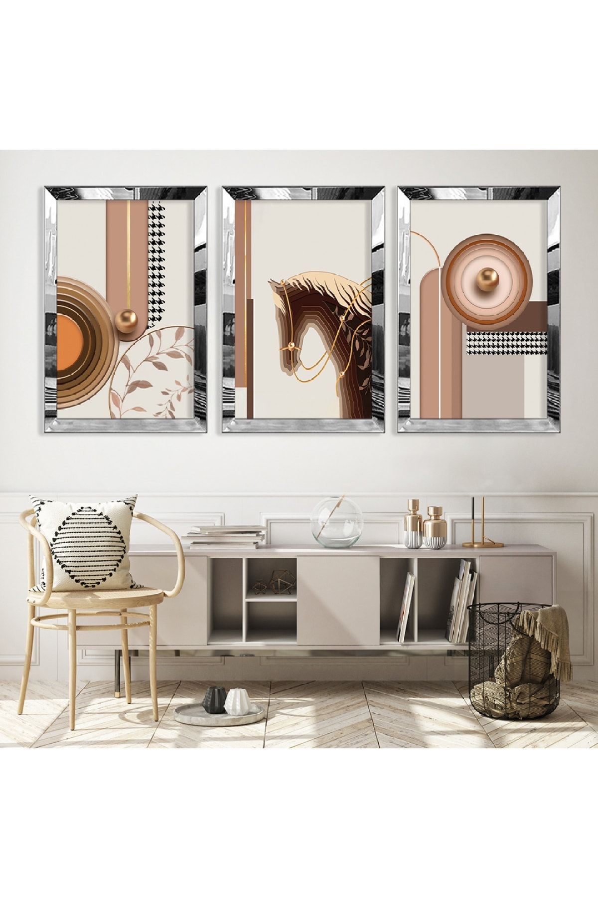 Gold Aynalı Pleksi Çerçeveli Minimalist Üçlü Soyut Desen Üçlü Mdf Tablo Seti