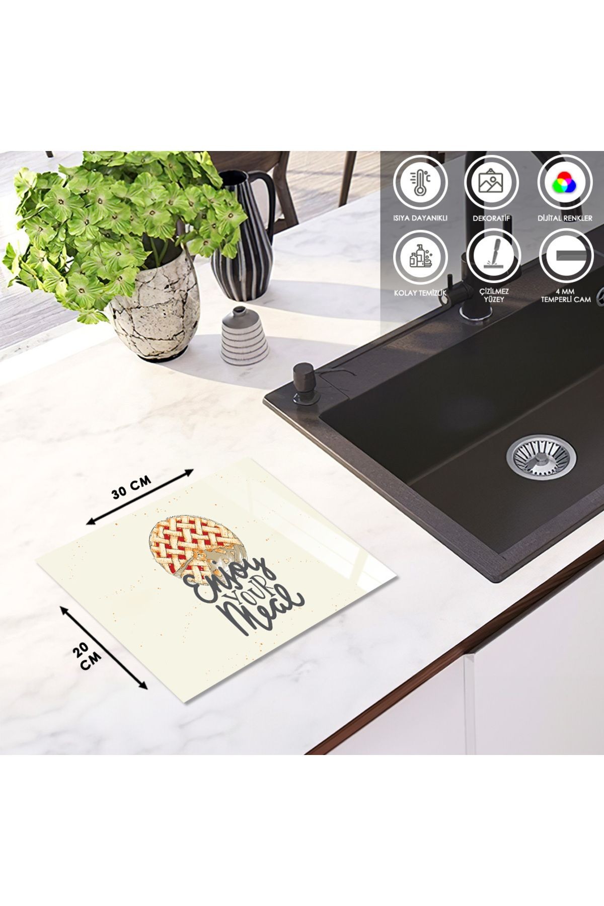 Cam Kesme Tahtası Krem Arka Planlı "Enjoy Your Meal" Yazılı