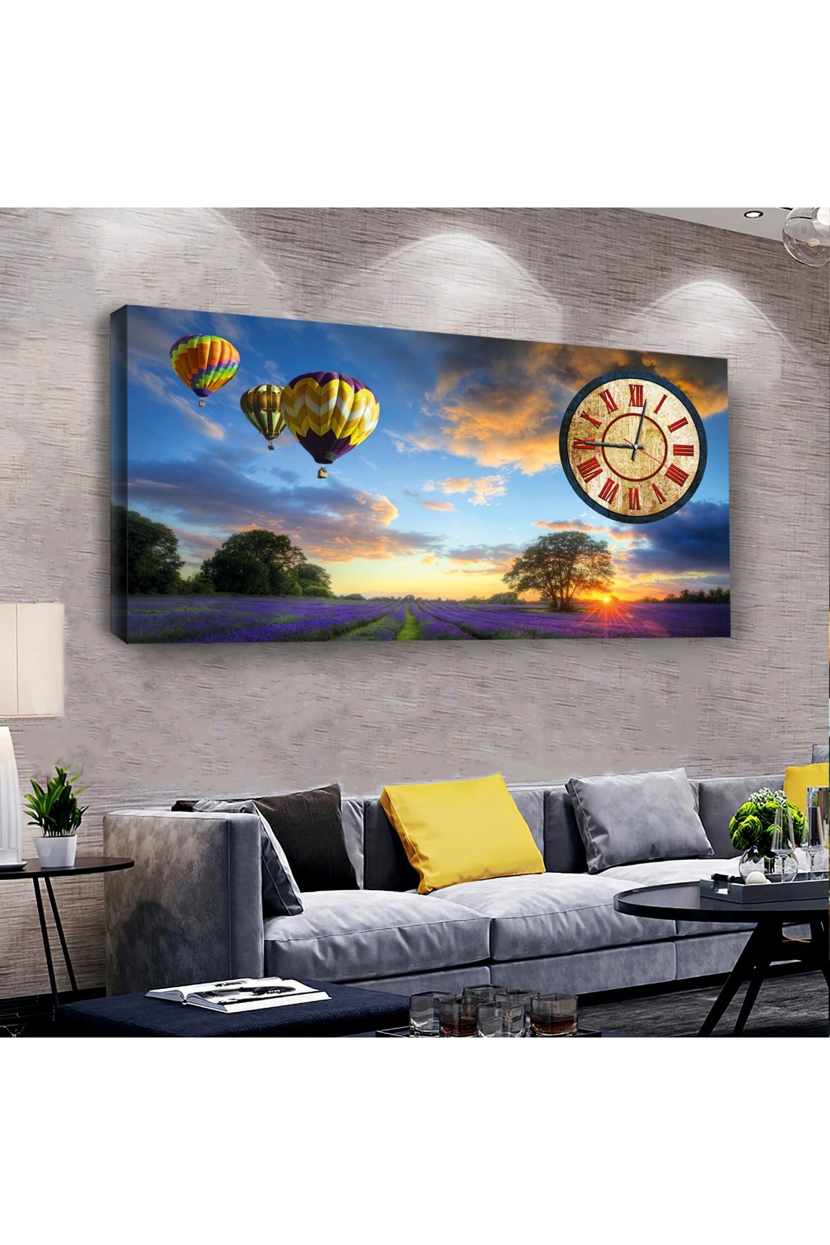 Uçan Balon saatliAhşap Şase Dijital Baskı Kanvas Tablo 100X50Cm