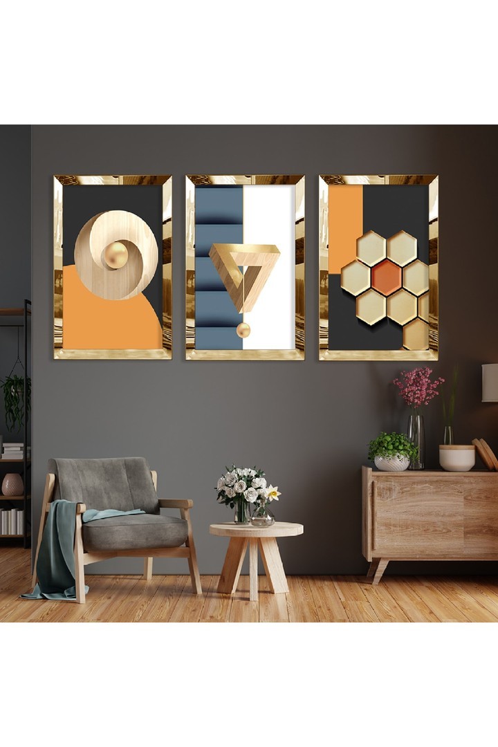 Huzur Şekiller Soyut Desen Gold Pleksi Kenar 3'Lü Solmaz MDF Tablo