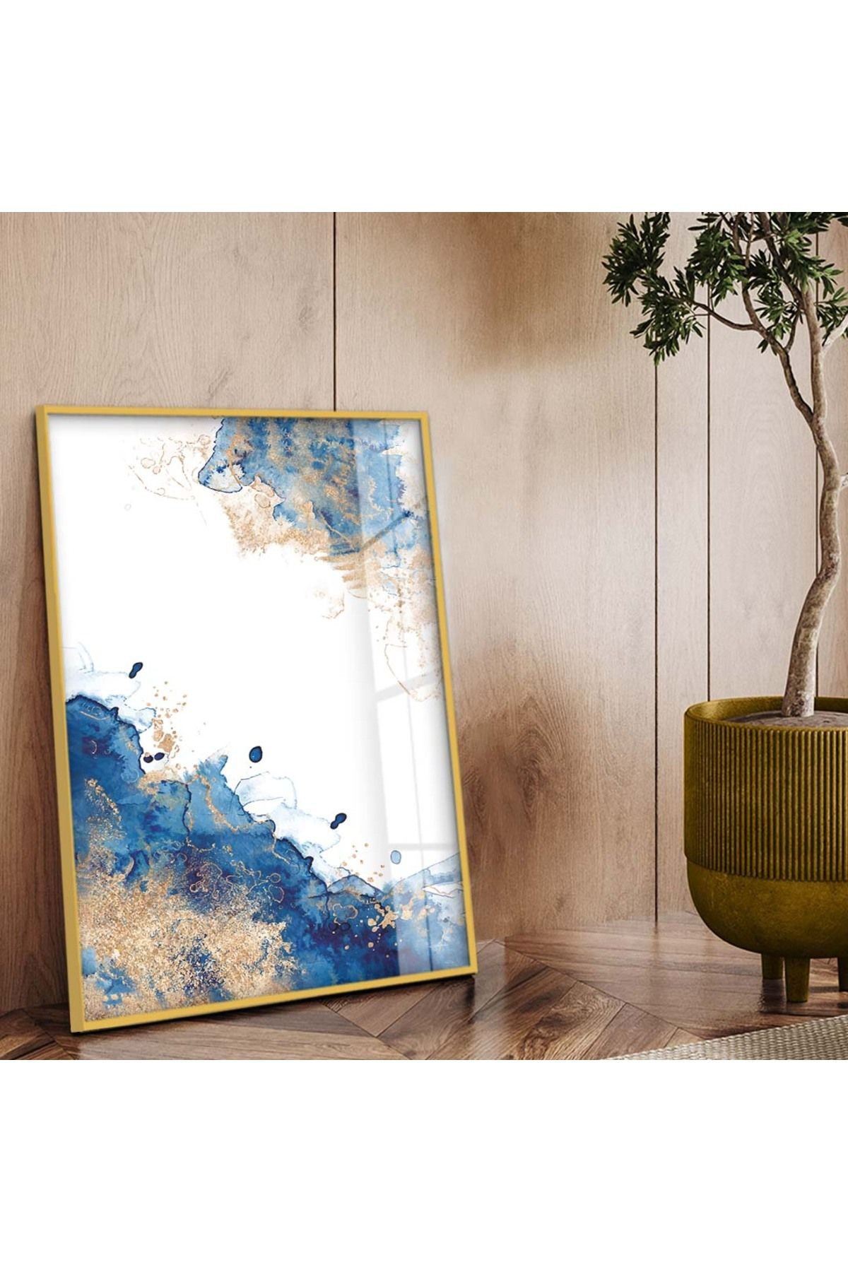 Gold Metal Çerçeveli Soyut Tema Modern Çizim Kırılmaz Cam Tablo