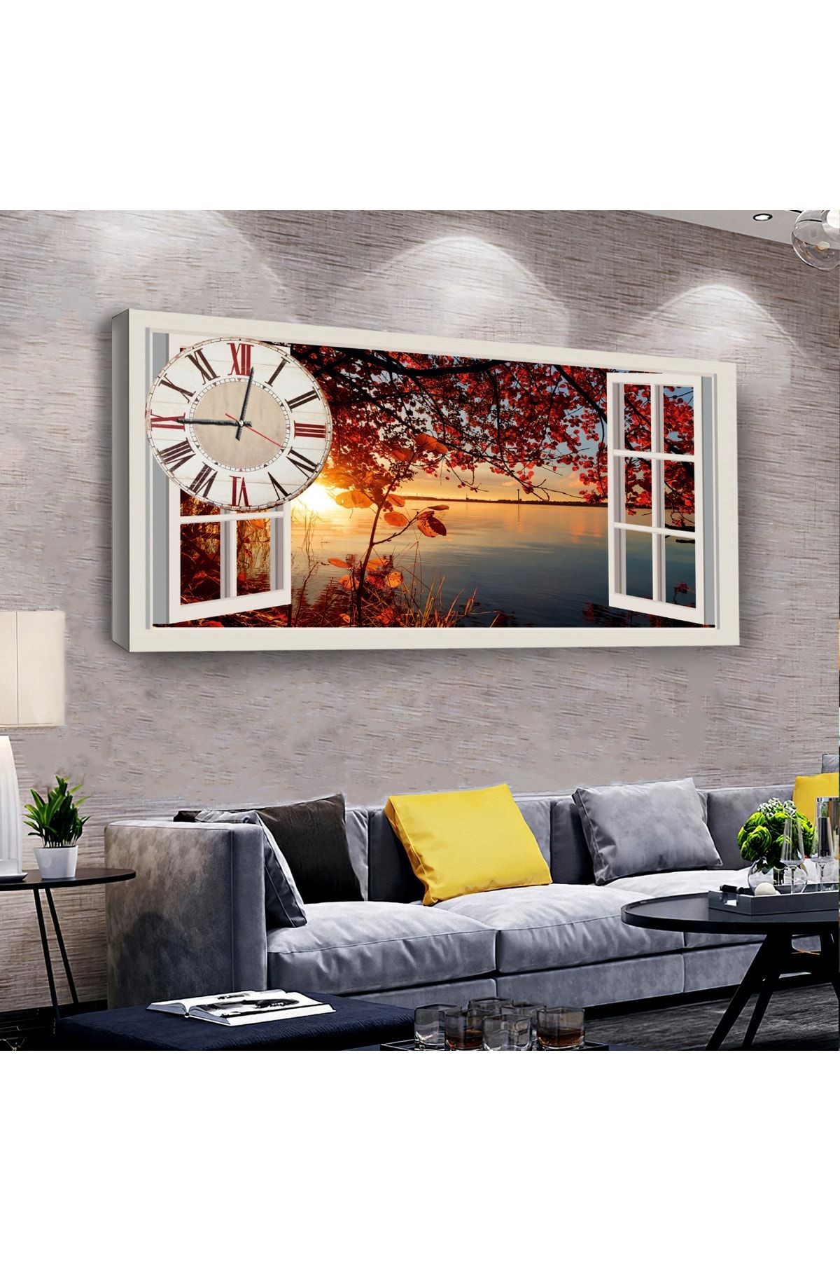 Pencere Manzara 120 X 60 Saatli Kanvas Tablo