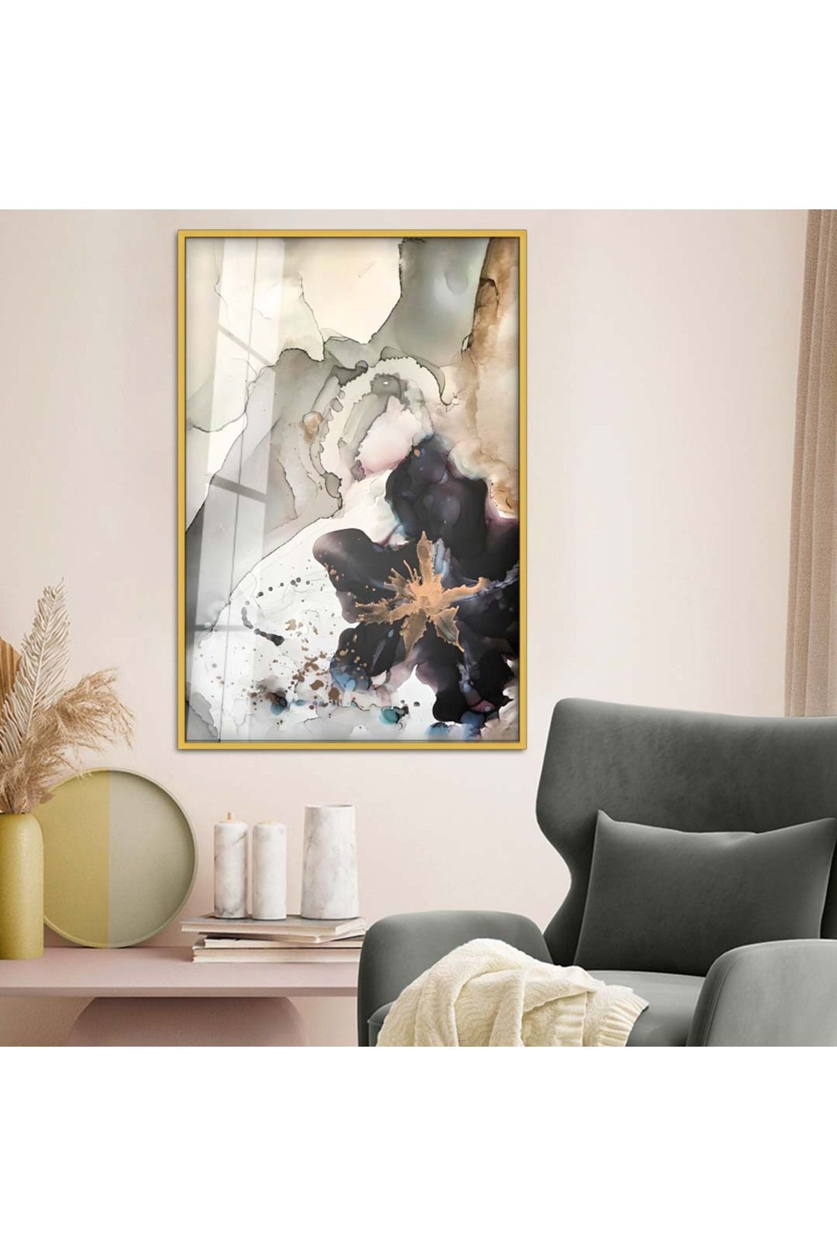 Gold Metal Çerçeveli Soyut Tema Modern Çizim Kırılmaz Cam Tablo