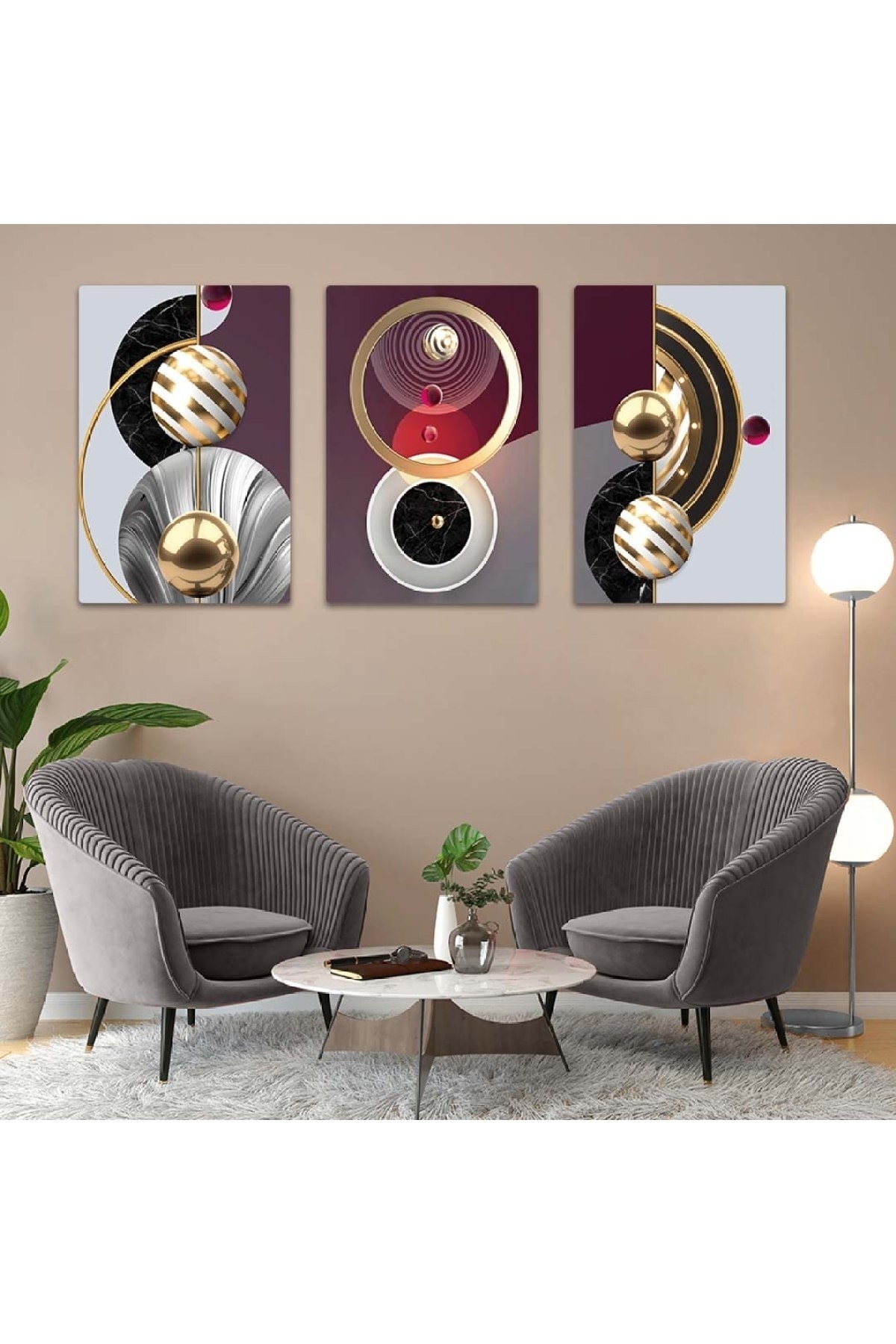 Minimal Renkli Soyut Desen 3'Lü Solmaz MDF Tablo Set