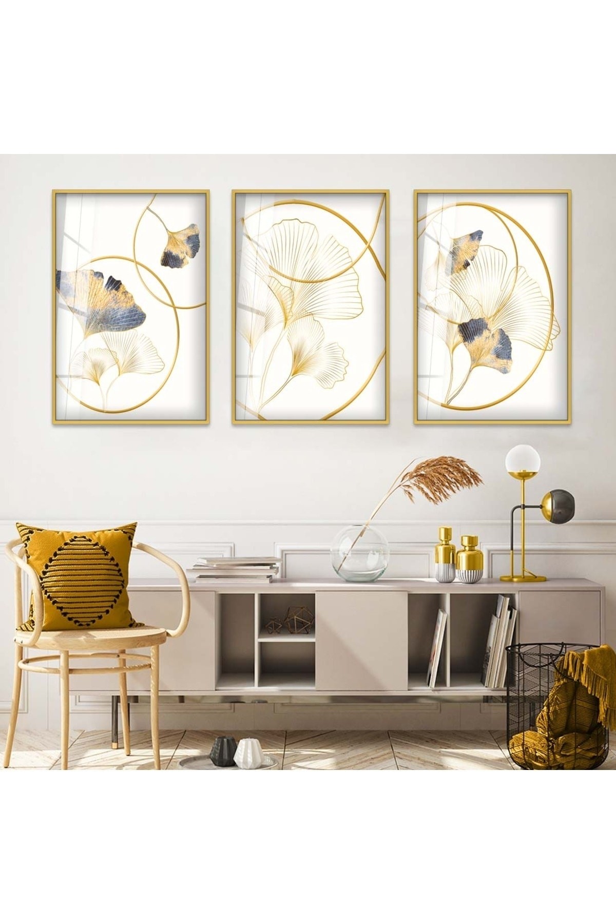 Sanatsal Minimalist Soyut Desen 3'Lü Metal Çerçeveli UV Baskı Kırılmaz Cam Tablo Seti
