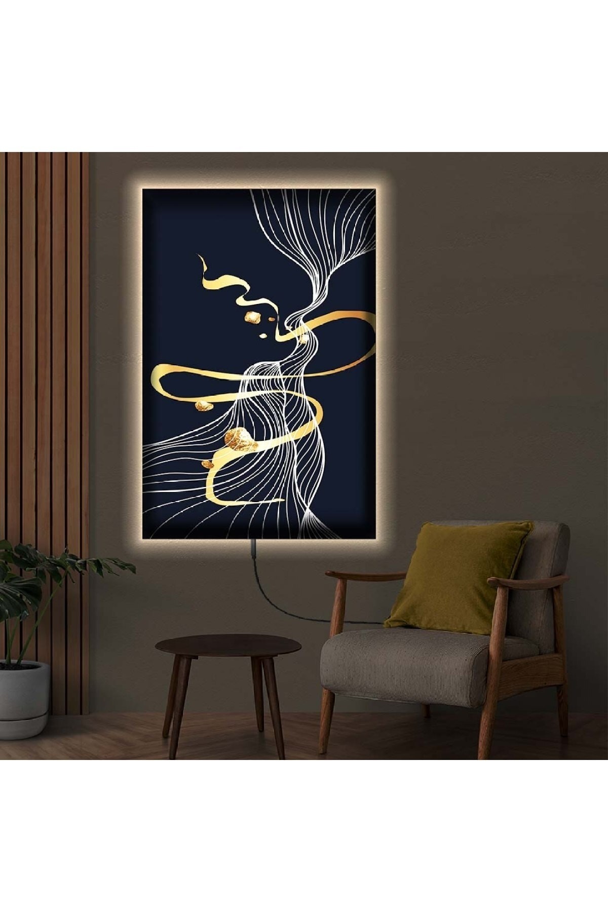 Renkli Ofis Tablosu Ledli Soyut Desen Ahşap Şase Dijital Baskı Kanvas Tablo 50X70Cm