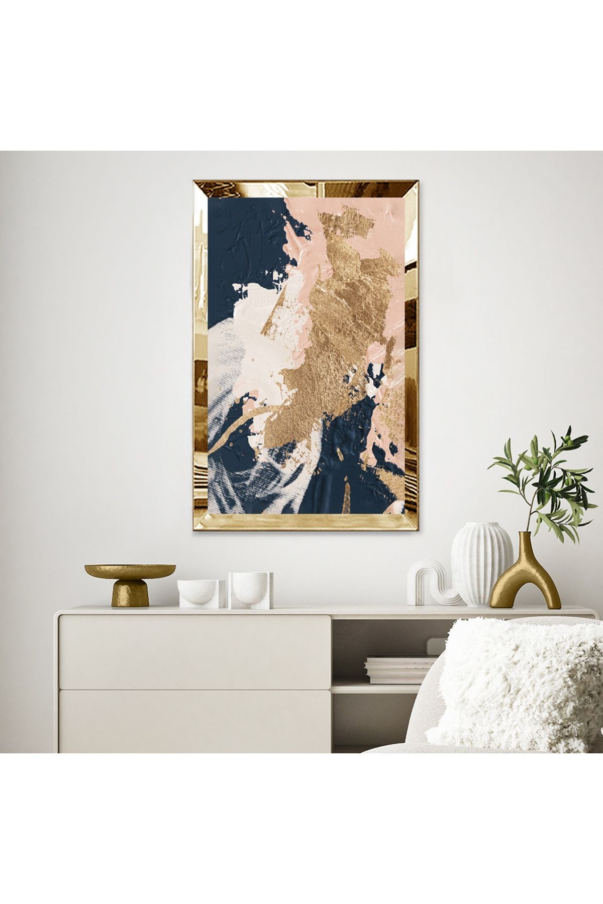 Gold Aynalı Pleksi Çerçeveli Mavi Ve Pembe Renkli Modern Soyut Tasarım Mdf Tablo