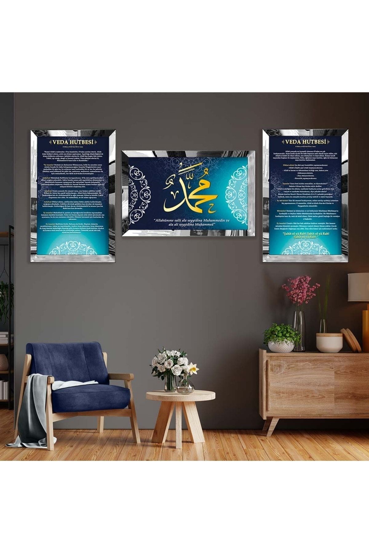 Gümüş Aynalı Pleksi Çerçeveli Üçlü Veda Hutbesi Dini Mdf Tablo