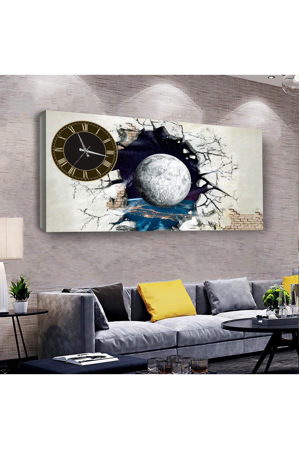 Modern Tablo Dolunay Manzara saatliAhşap Şase Dijital Baskı Kanvas Tablo 100X50Cm