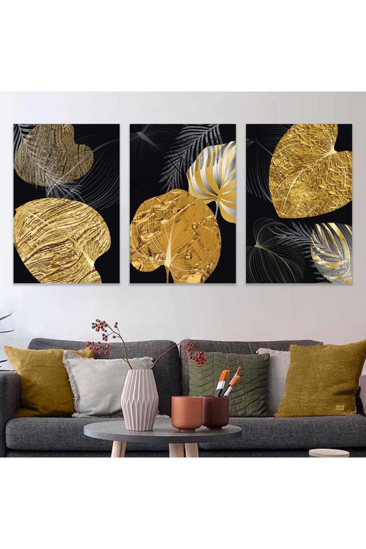 Minimal Altın Bitki Soyut Desen 3'Lü Ahşap Şase Dijital Baskı Kanvas Tablo