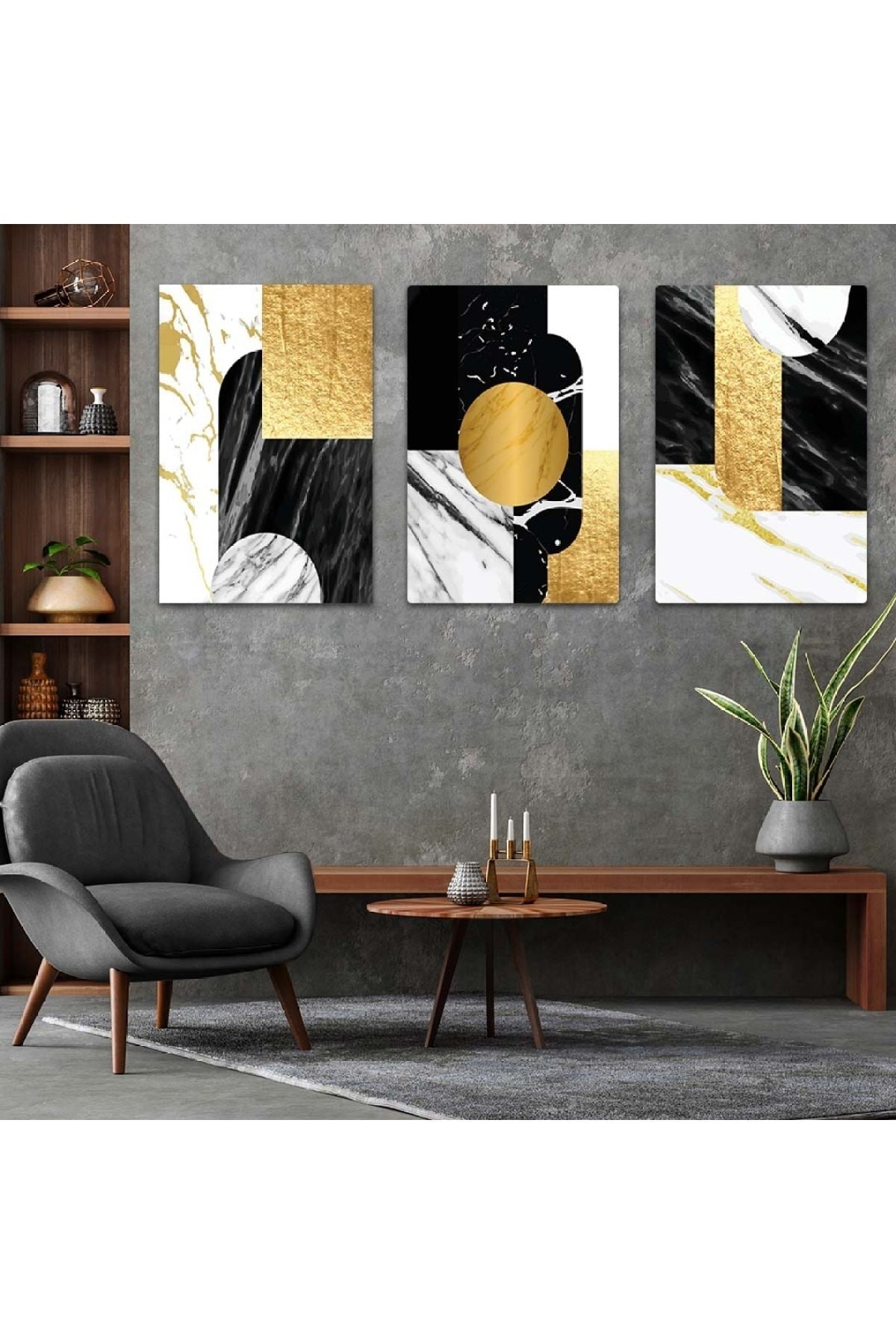 Minimalist Soyut Desen Şekiller 3'Lü Solmaz MDF Tablo Set
