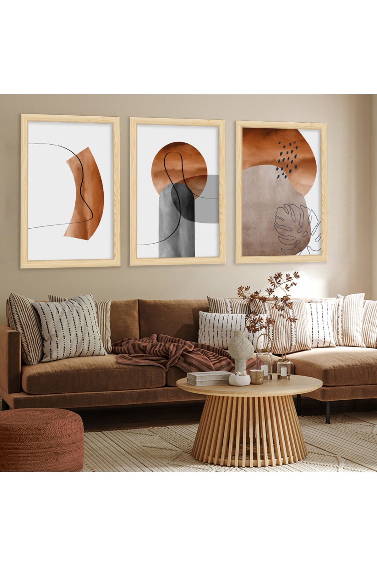 Canlı Minimalist Ahşap Çerçeveli Kolaj Çizim Modern Tablo