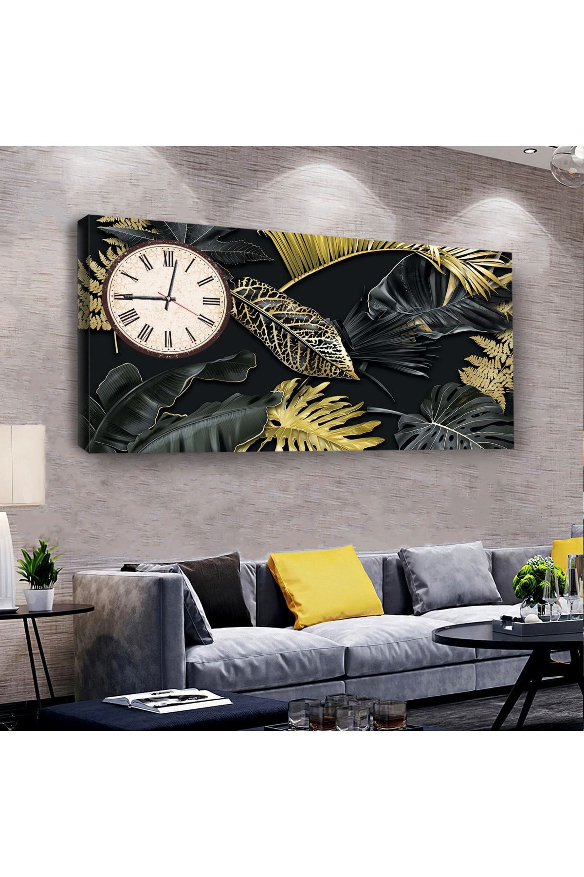 Siyah Bitki 120 X 60 Saatli Kanvas Tablo