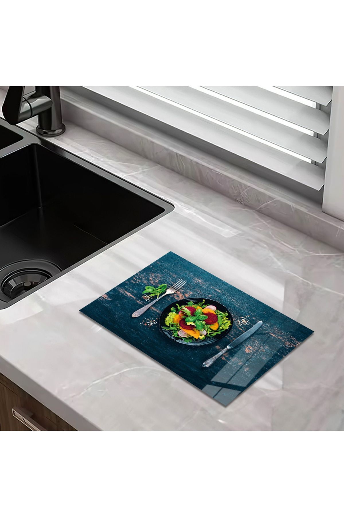 Cam Kesme Tahtası Çatal Bıçak ve Salata Tabağı