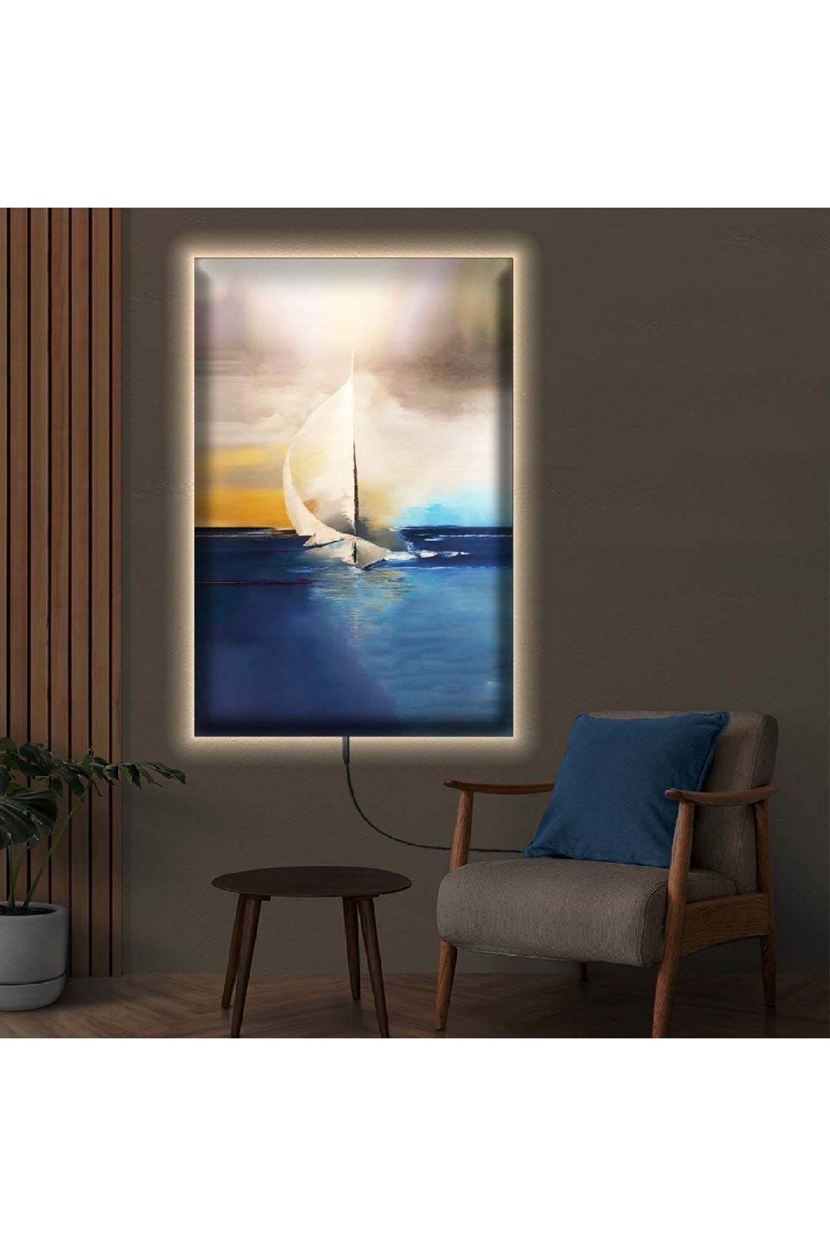 Renkli Ledli Kolaj Çizim Ahşap Şase Dijital Baskı Kanvas Tablo 50X70Cm