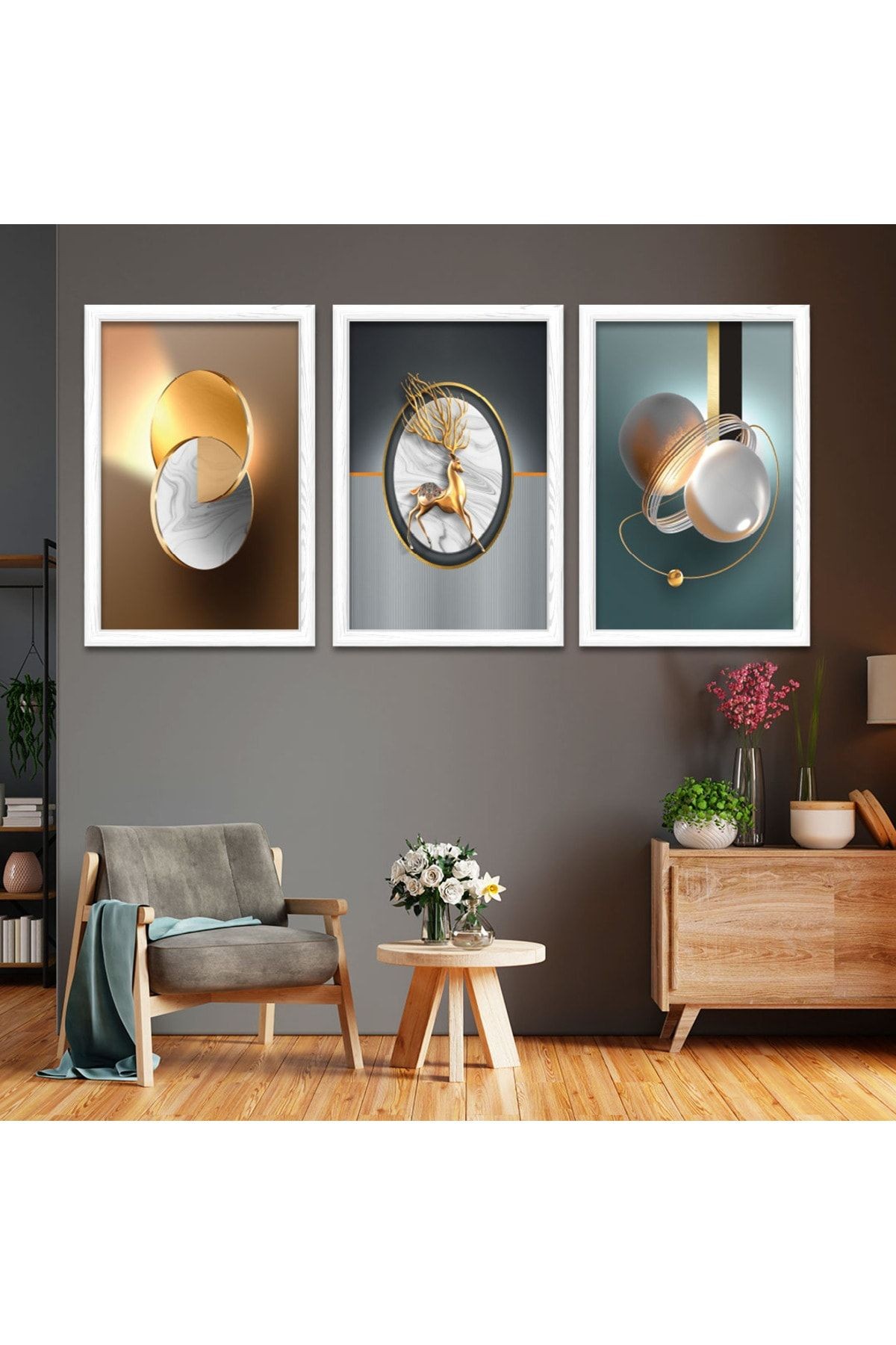 Beyaz Ahşap Çerçeveli Kolaj Çizim Modern Tablo