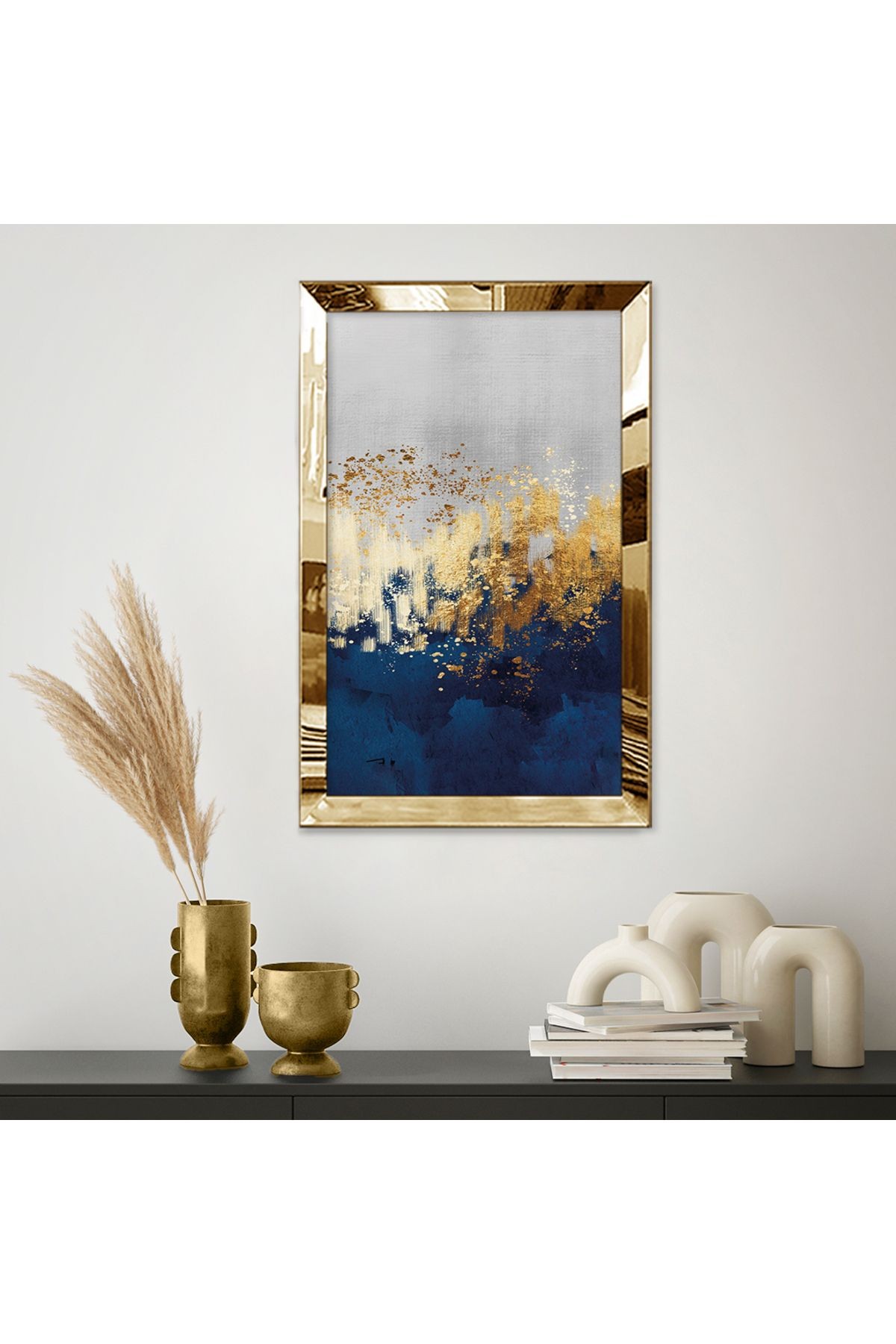 Gold Aynalı Pleksi Çerçeveli Modern Altın Mavi Ve Gri Renkli Fırça Izli Tasarım Mdf Tablo