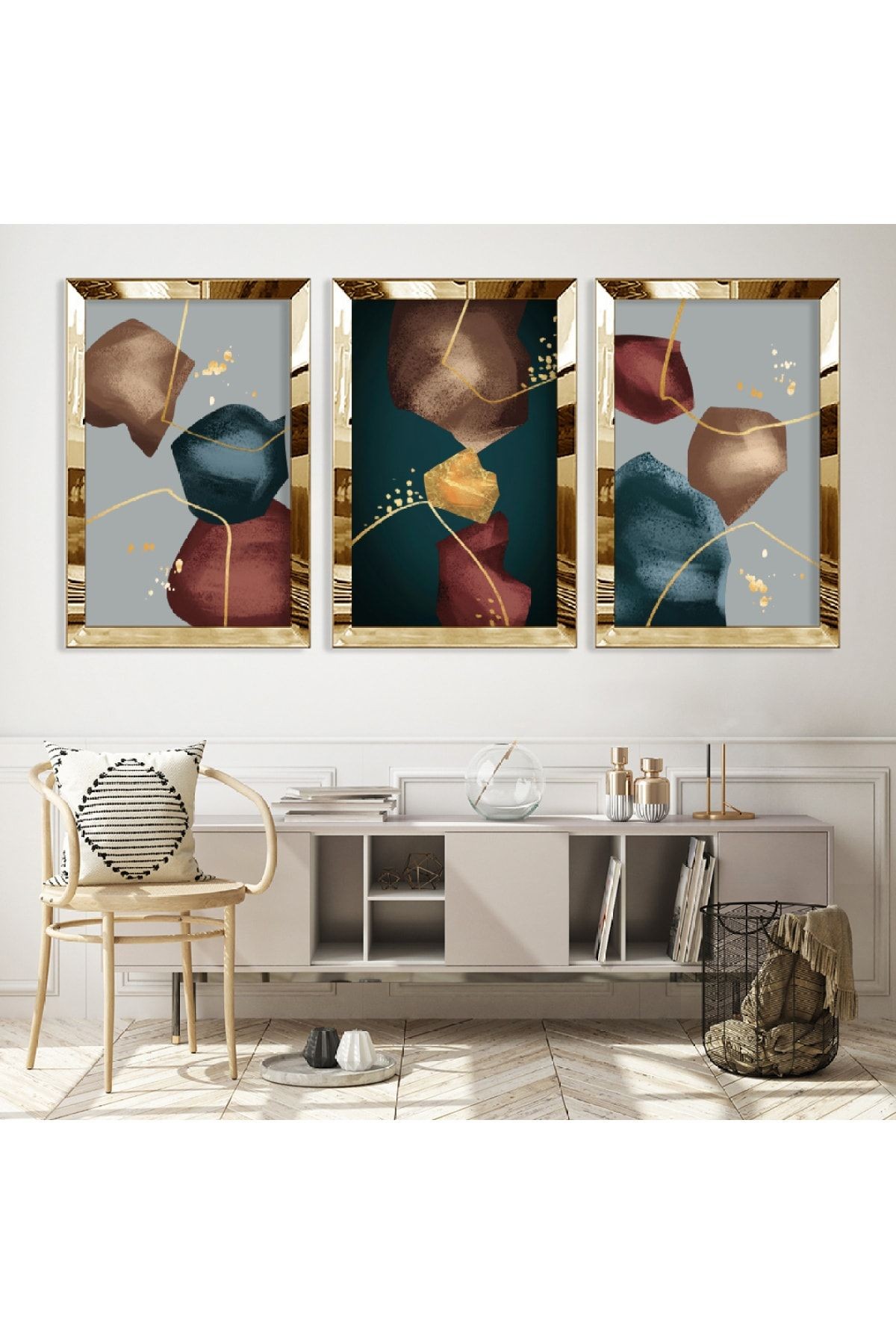 Gold Aynalı Pleksi Çerçeveli Minimalist Aynalı Üçlü Mdf Tablo Seti