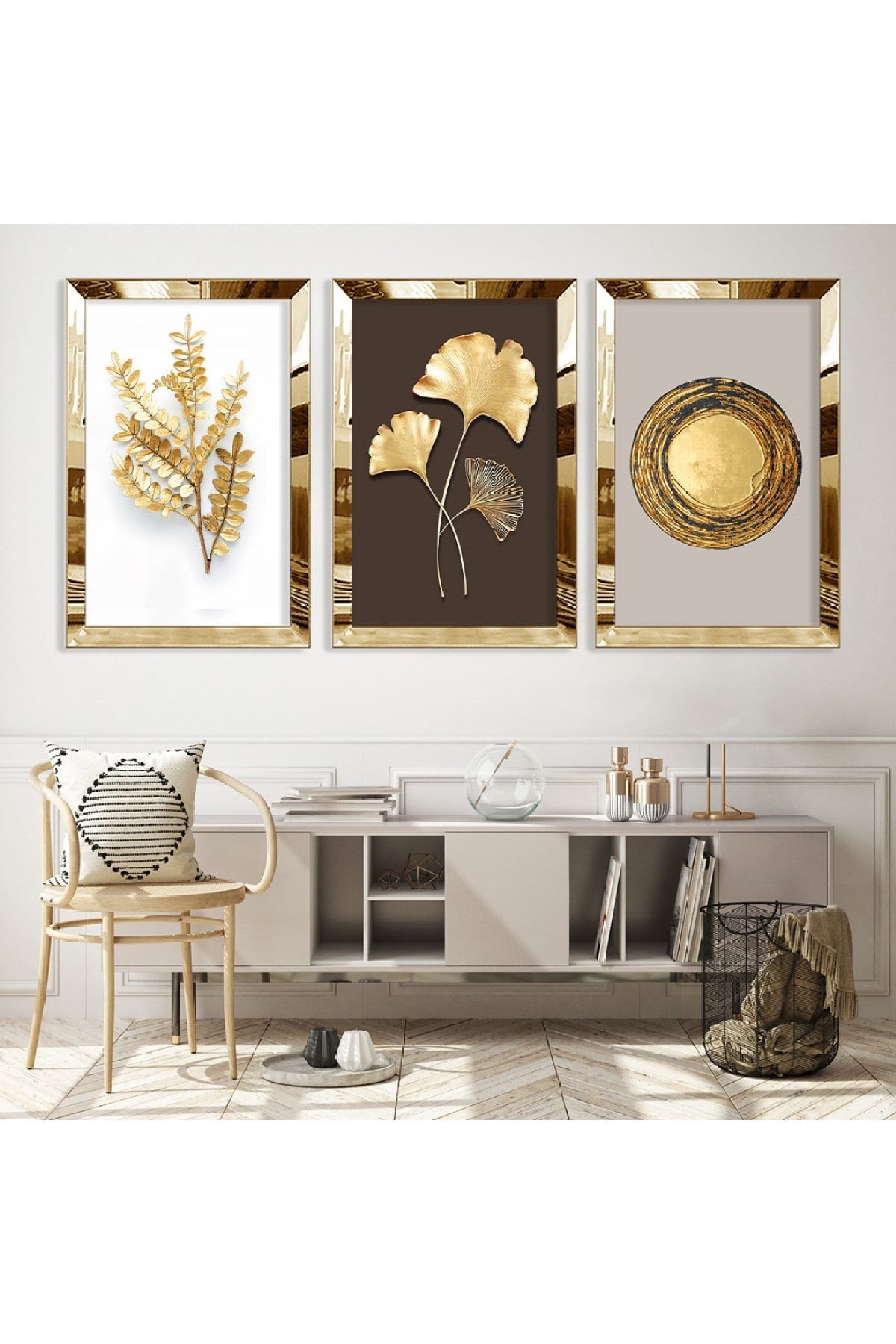 Gold Aynalı Pleksi Çerçeveli Çiçek Üçlü Mdf Tablo Seti
