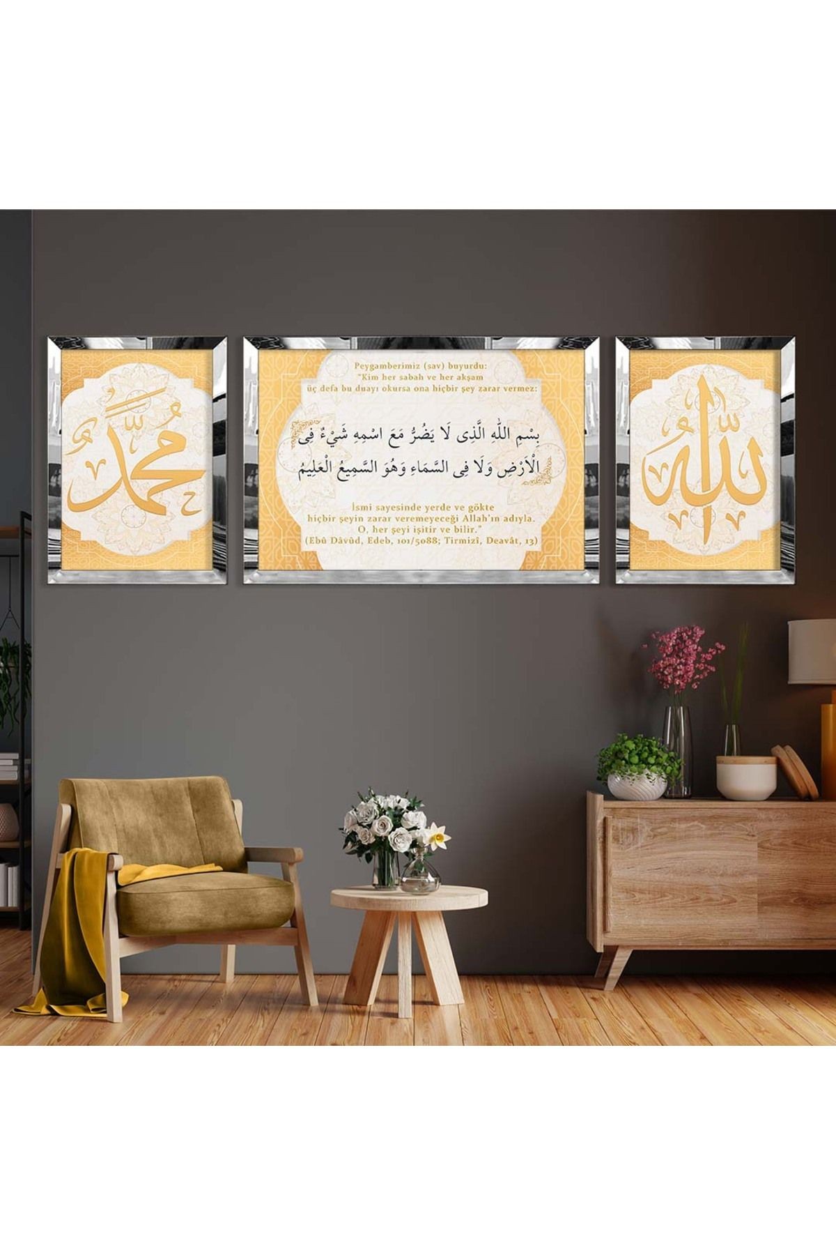 Gold Aynalı Pleksi Çerçeveli Üçlü Hadis Dini Mdf Tablo Seti