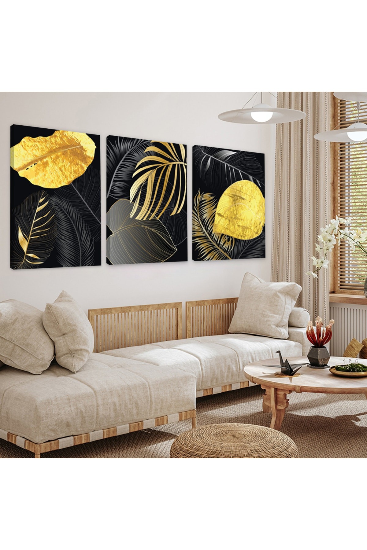Minimalist Soyut Desen Yaprak 3'Lü Ahşap Şase Dijital Baskı Kanvas Tablo