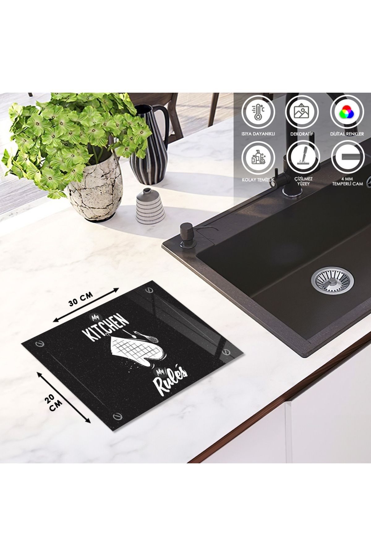 Cam Kesme Tahtası "My Kitchen My Rules" Desenli Yazılı