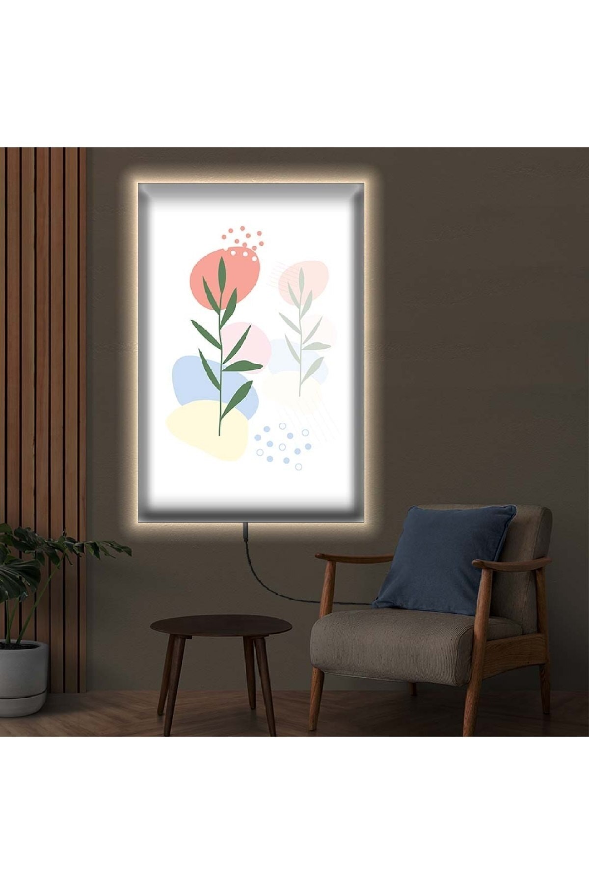 Modern Ledli Soyut Çizim Çiçek Ahşap Şase Dijital Baskı Kanvas Tablo 70X100Cm