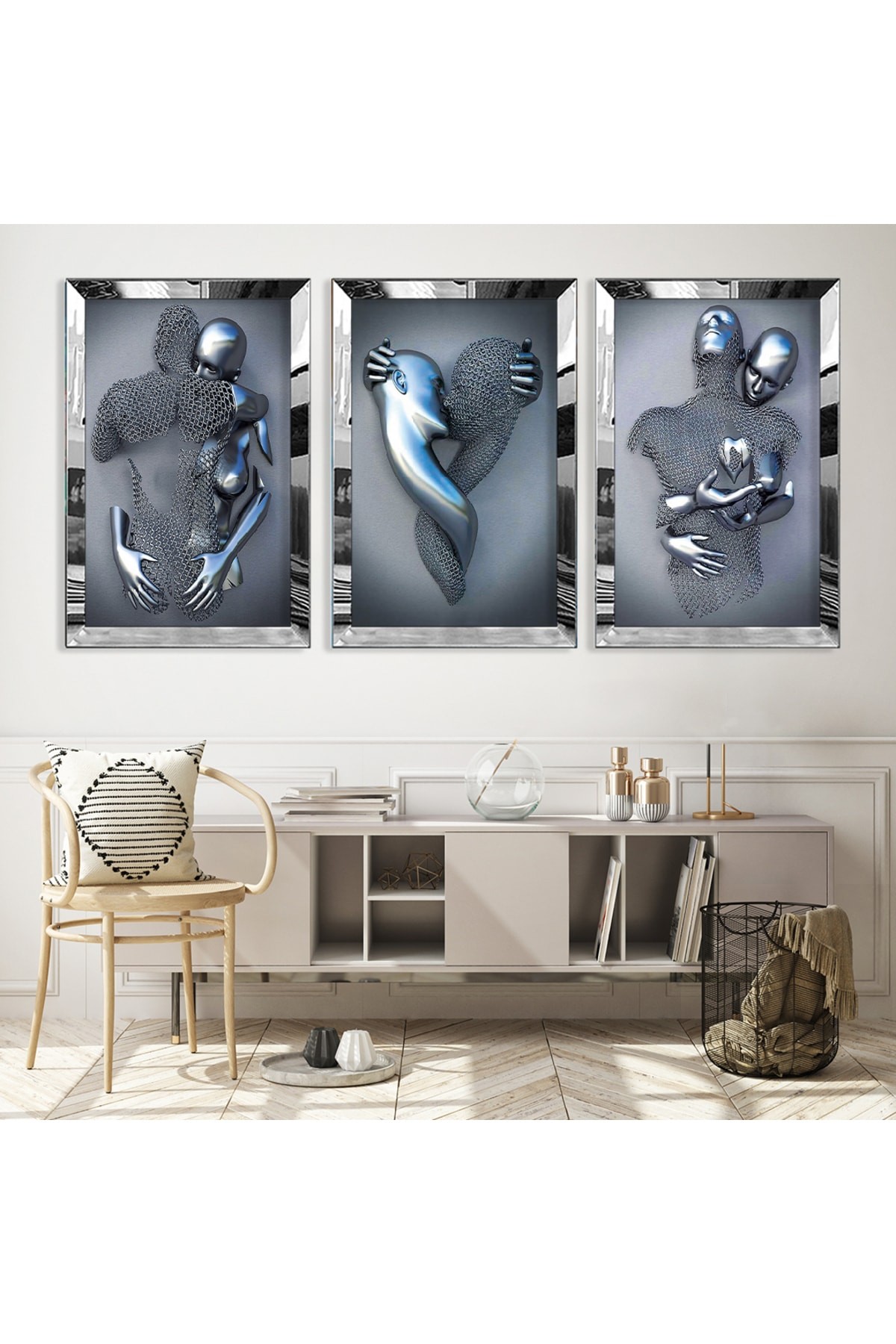 Sanat Modern Gold Pleksi Kenar 3'Lü Solmaz MDF Tablo Seti