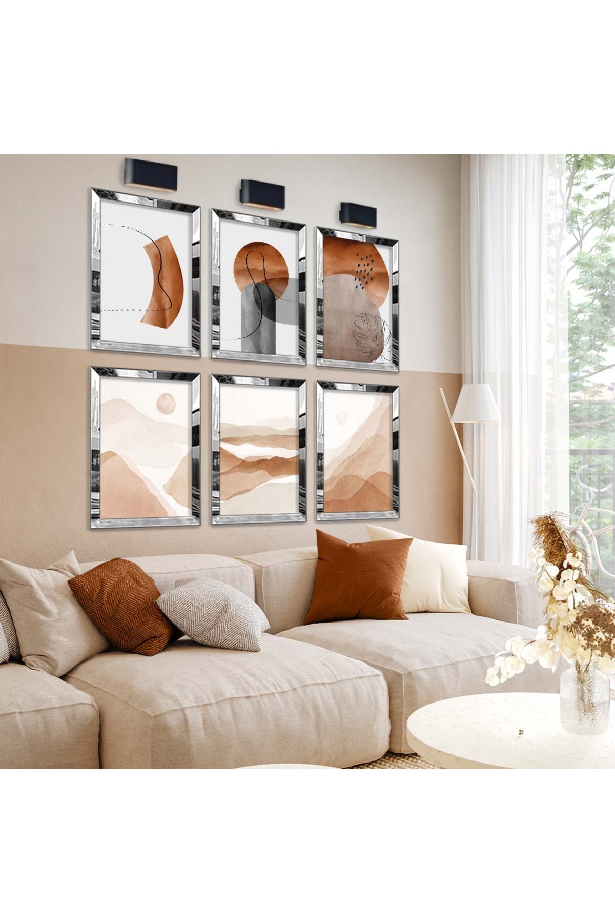 Geometrik Çizim Ve Natürel Tema 6'Lı Pleksi Kenar Solmaz MDF Tablo Seti