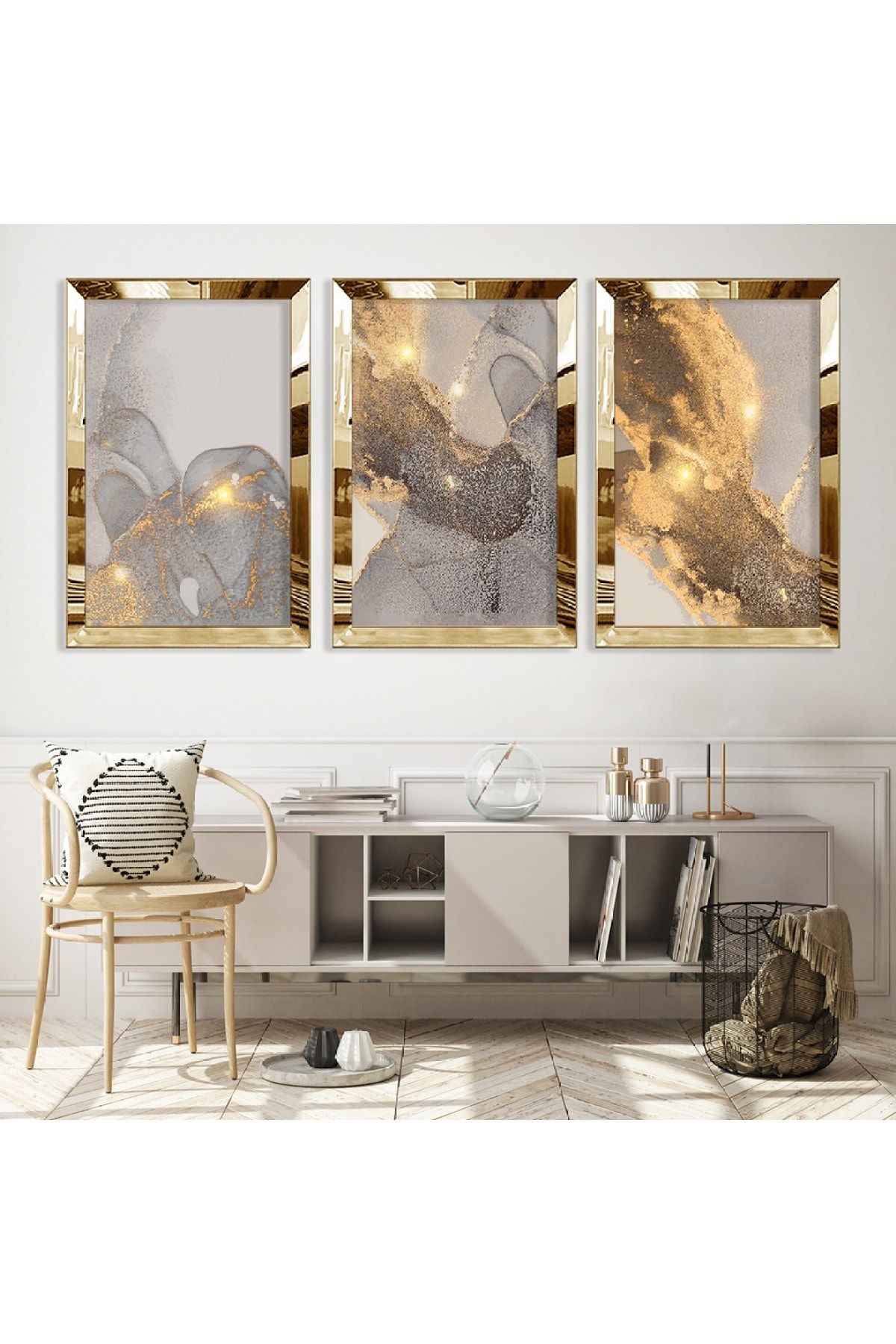 Gold Aynalı Pleksi Çerçeveli Kolaj Çizim Çiçek Üçlü Mdf Tablo Seti