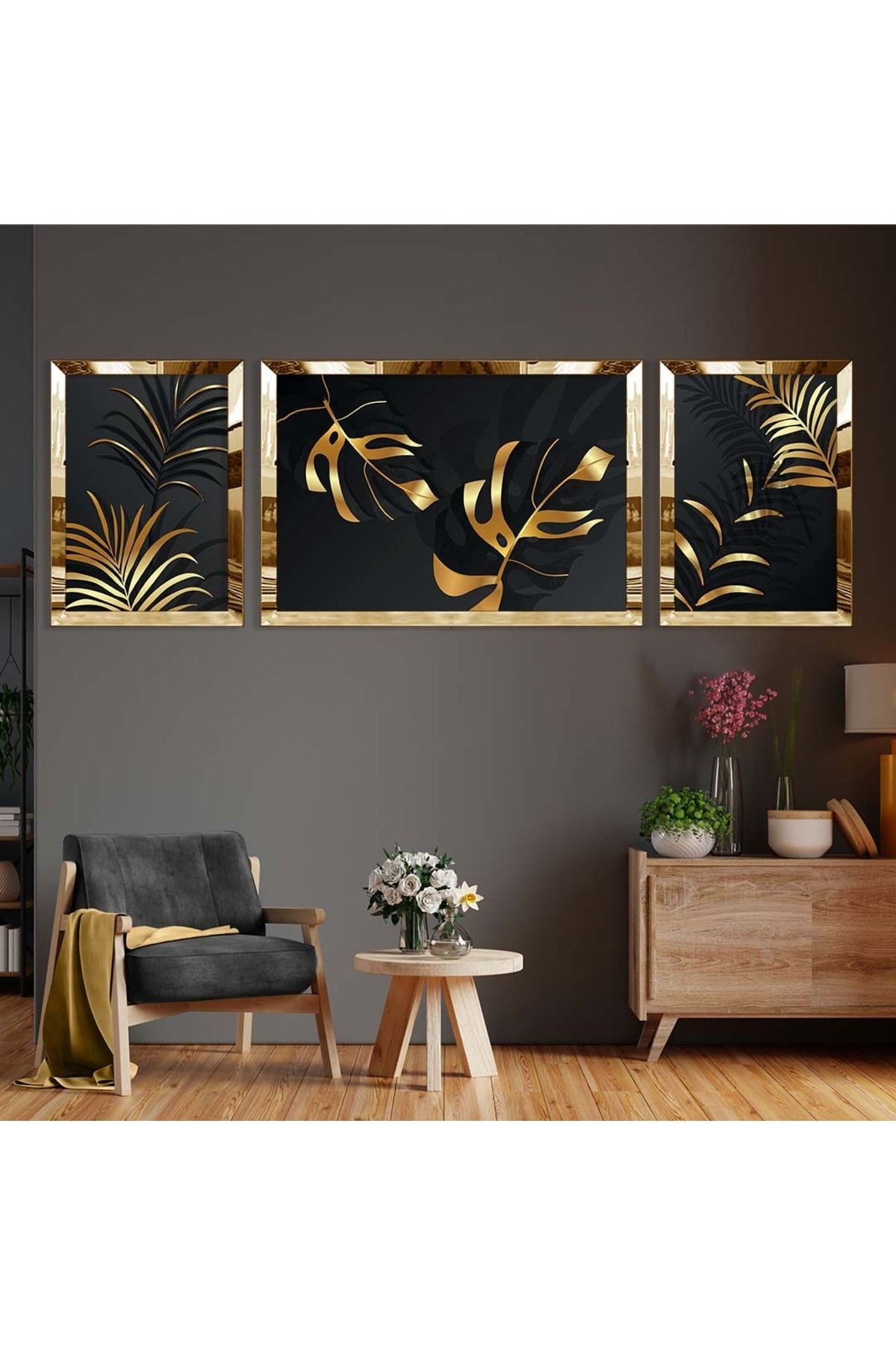 Gold Aynalı Pleksi Çerçeveli Üçlü Siyah Arka Planlı Gold Desenli Mdf Tablo Seti