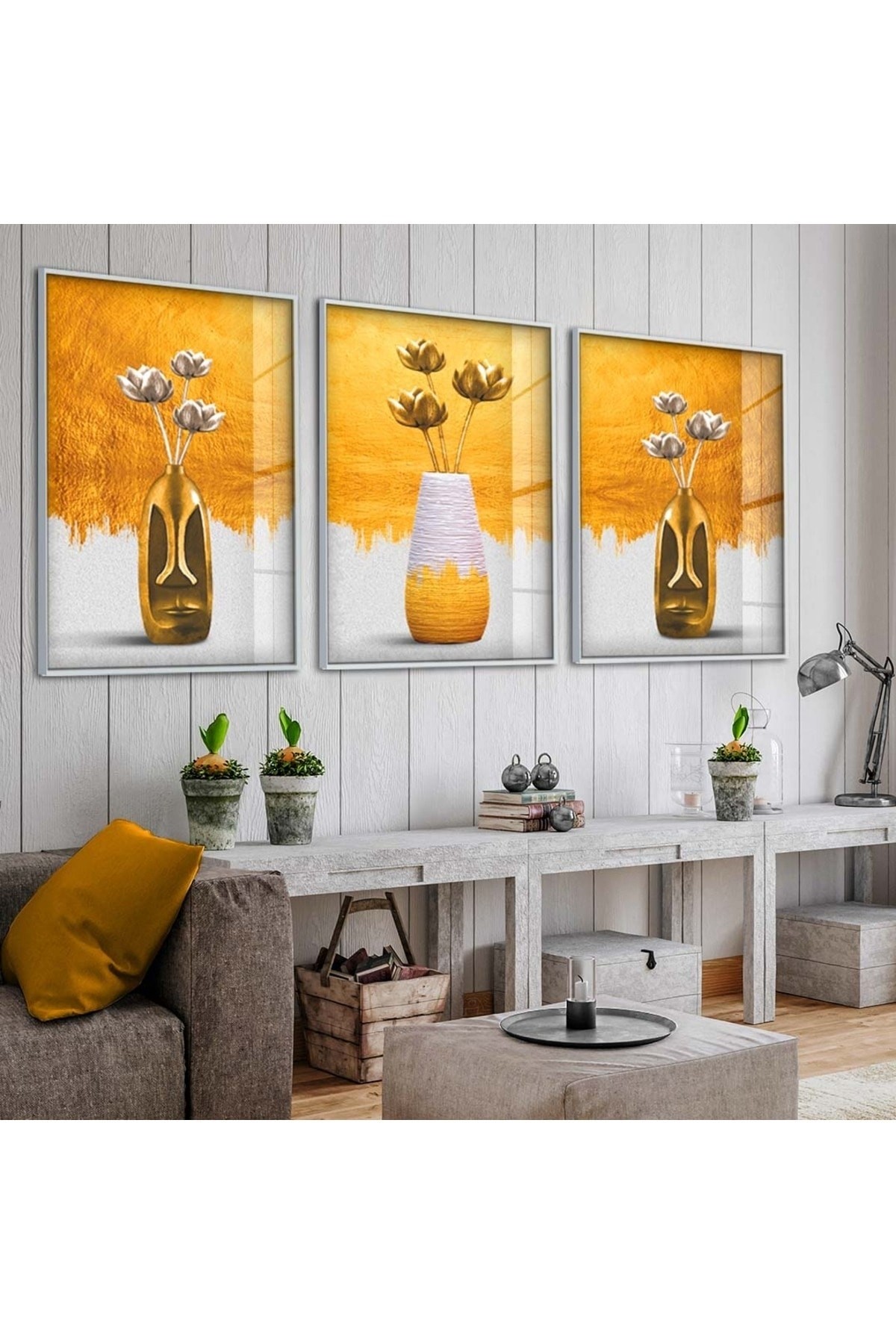 Minimalist Tablo Soyut Desen 3'Lü Metal Çerçeveli UV Baskı Cam Tablo Seti