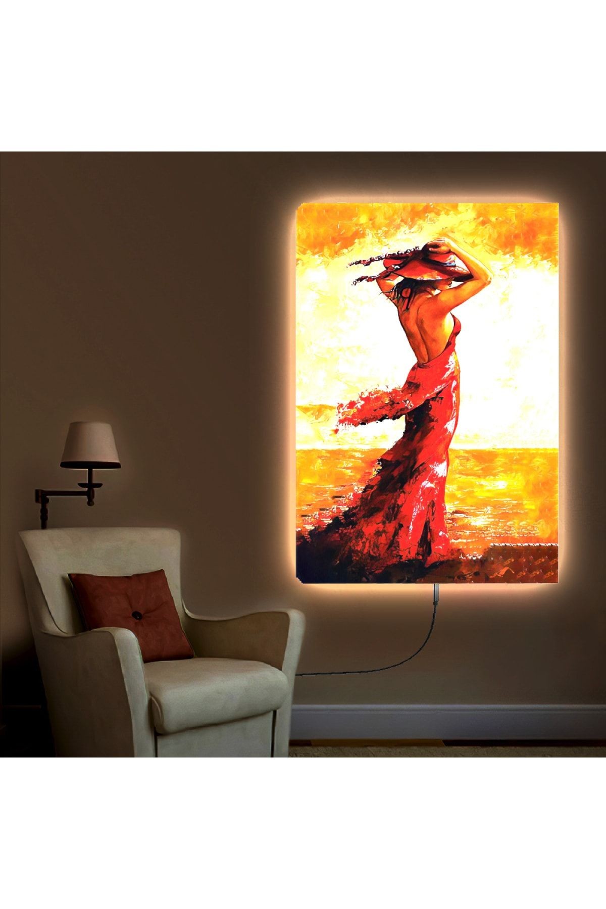 Ledli 90x60 Yağlı Boya Görünümlü Genç Kadın Kanvas Tablo