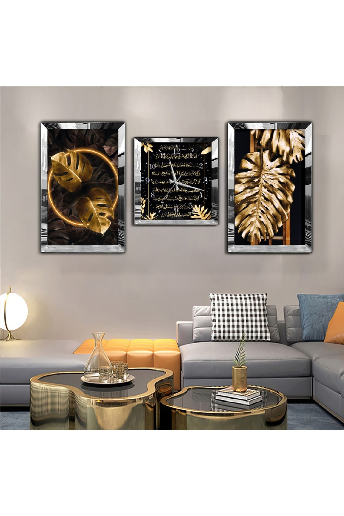 Dini Aynalı Gold Pleksi Çerçeveli Solmaz MDF Tablo Ve Saat Seti