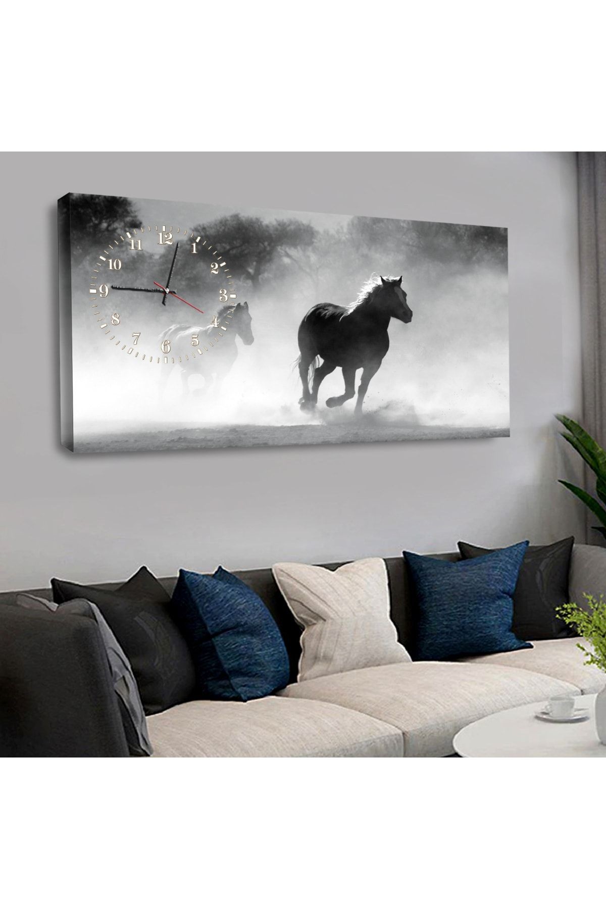 120x60 Saatli Hayvanlar Alemi At Kanvas Tablo