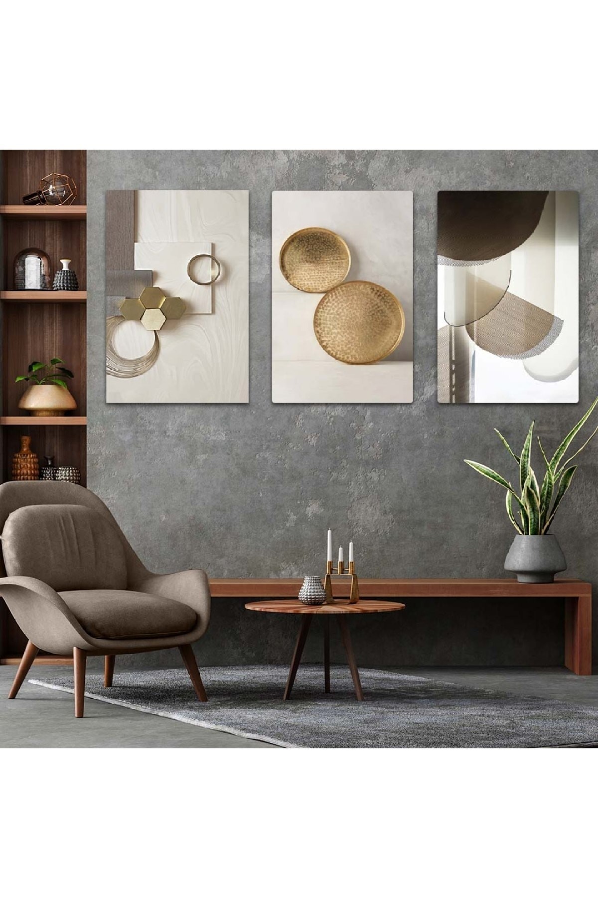 Minimal Huzur Soyut Desen 3'Lü Solmaz MDF Tablo Set