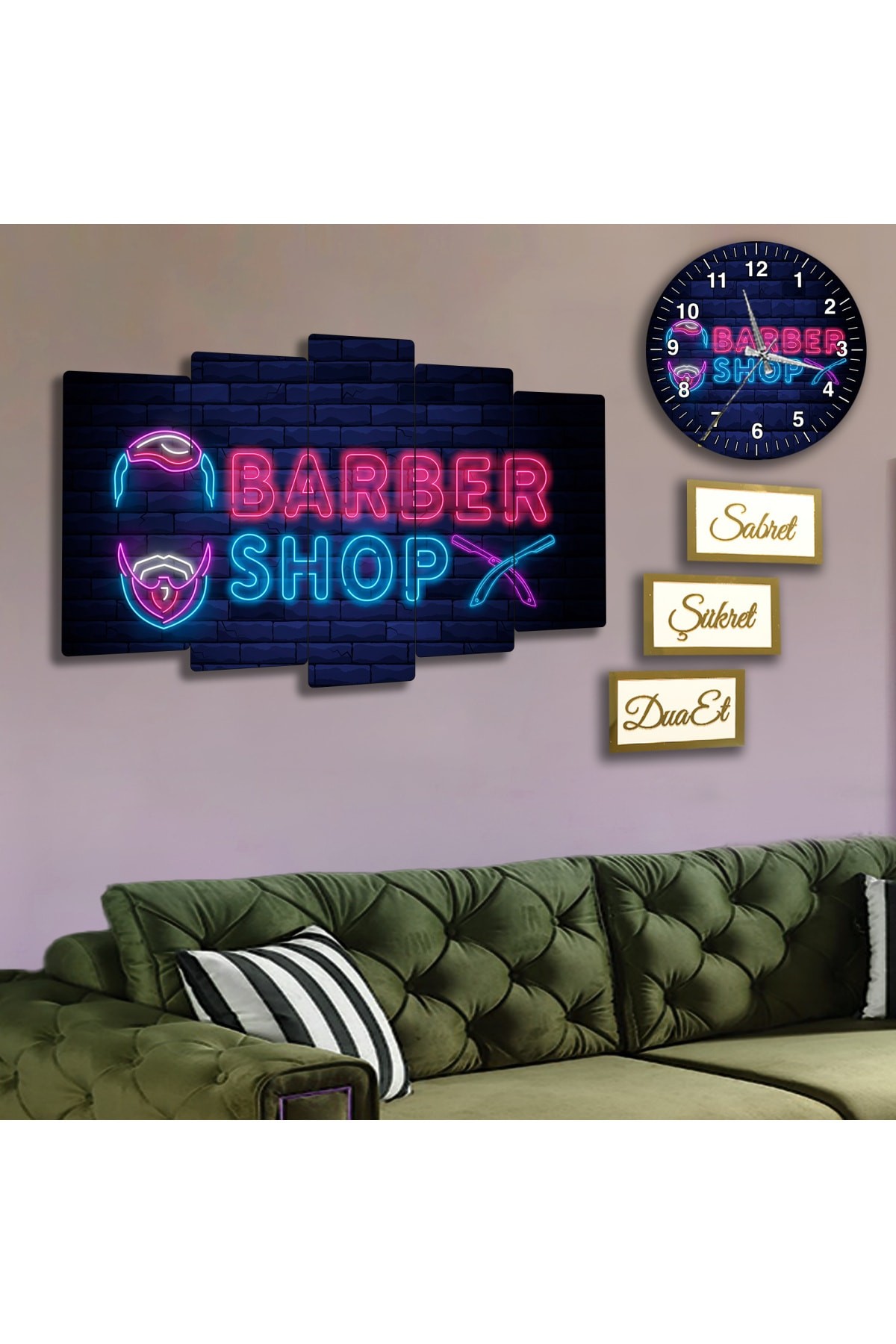 Barber Shop Solmaz MDF Tablo Saat Ve 3Lü Pleksi Kenar Dua Seti