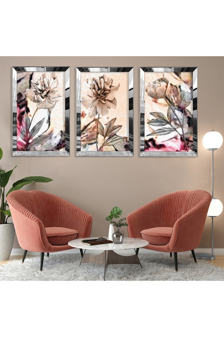 Minimalist Soyut Desen Çiçek Gold Pleksi Kenar 3'Lü Solmaz MDF Tablo