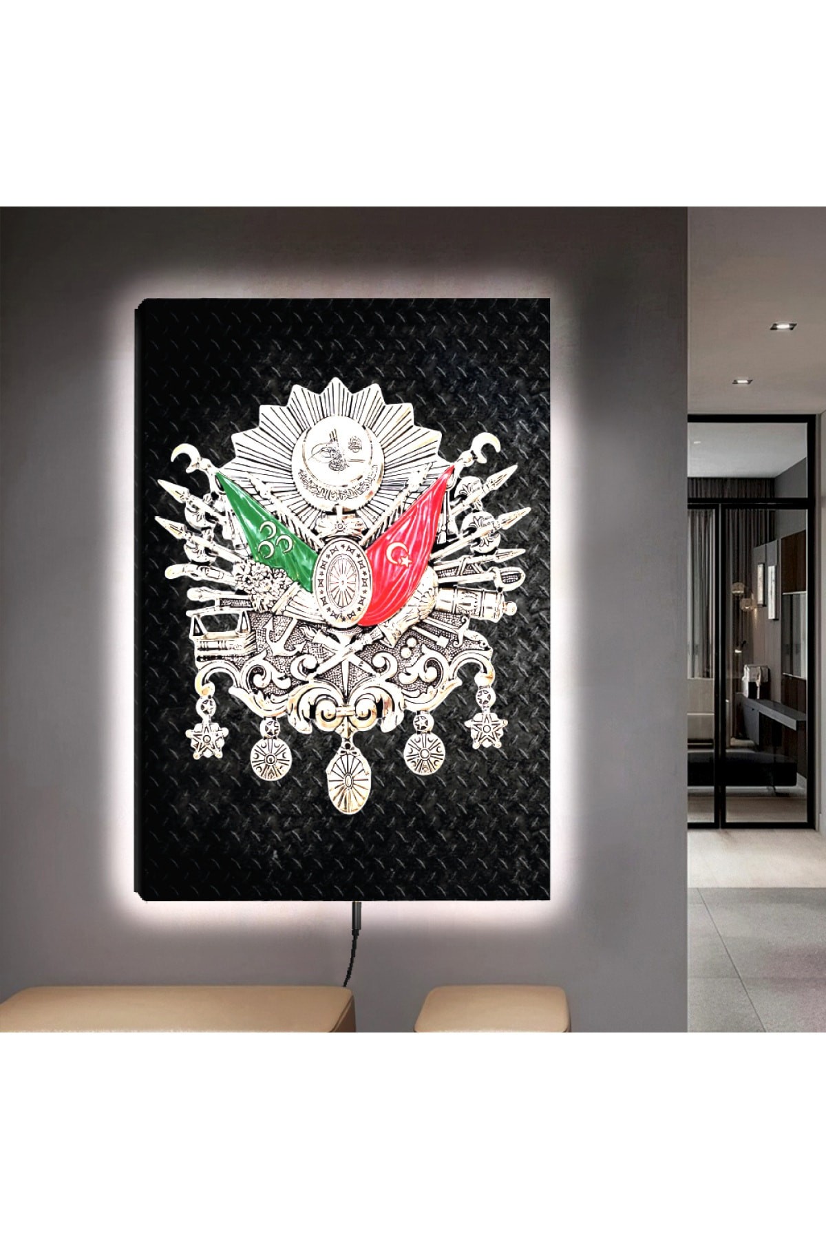 Renkli Ledli Osmanlı Tuğrası Ahşap Şase Dijital Baskı Kanvas Tablo 90X60Cm