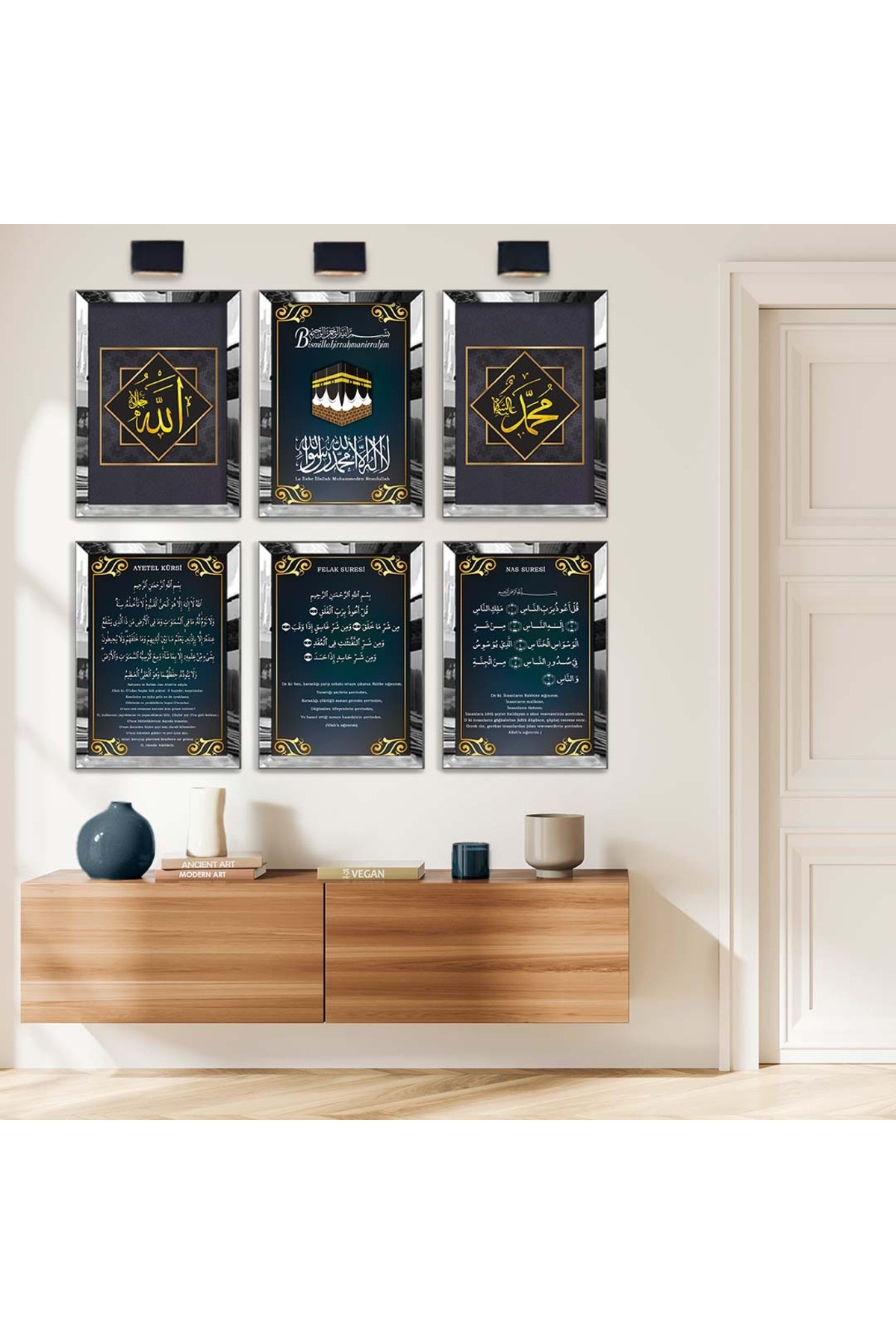 Ayetel Kürsi Ve Kabe Dini Model 6'Lı Pleksi Kenar Solmaz MDF Tablo Seti