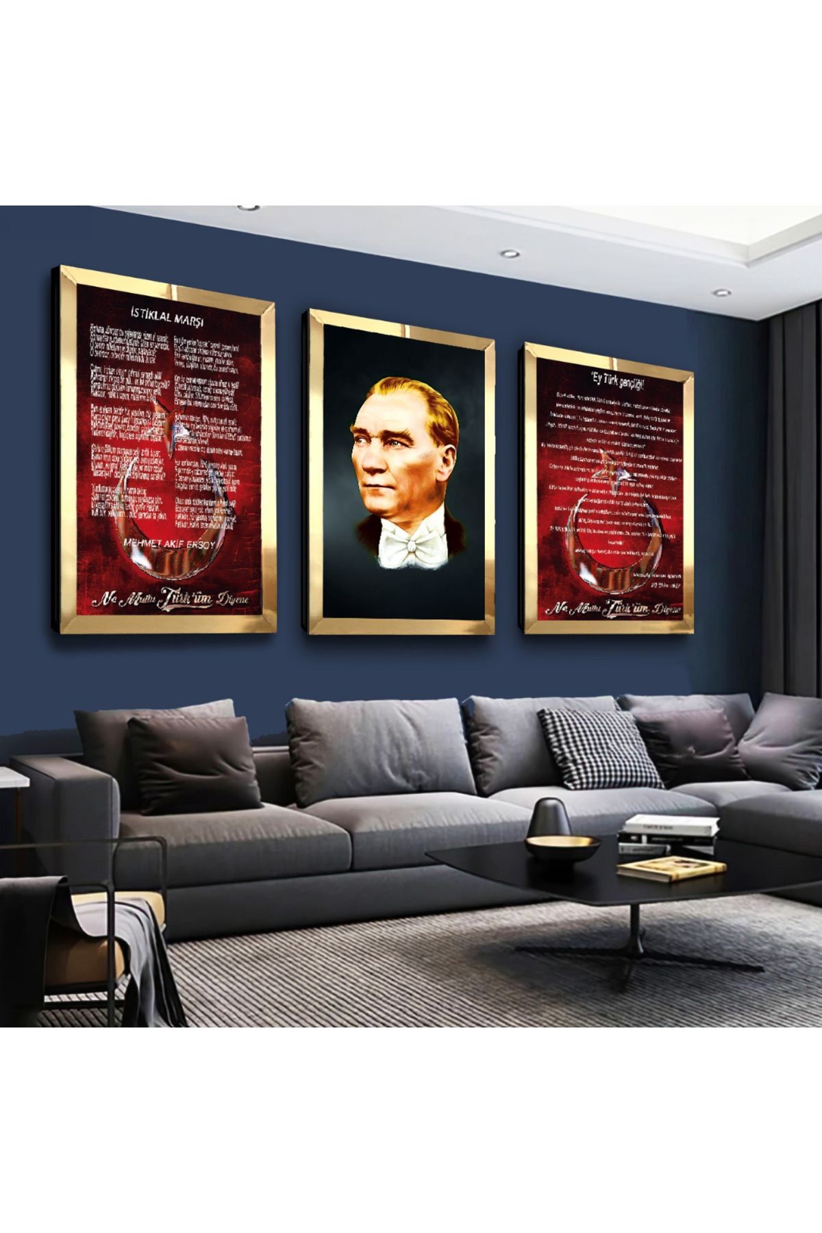 Gold Aynalı Pleksi Çerçeveli Atatürk Istiklal Marşı Ve Gençliğe Hitabe Gold Üçlü Mdf Tablo Seti