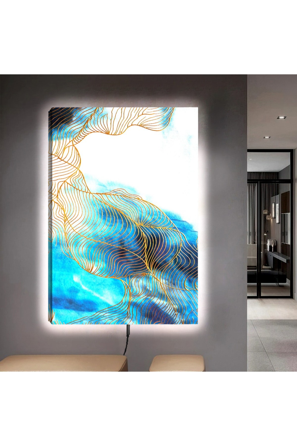 Tasarım Ledli Mavi Kolaj Çizim Ahşap Şase Dijital Baskı Kanvas Tablo 90X60Cm