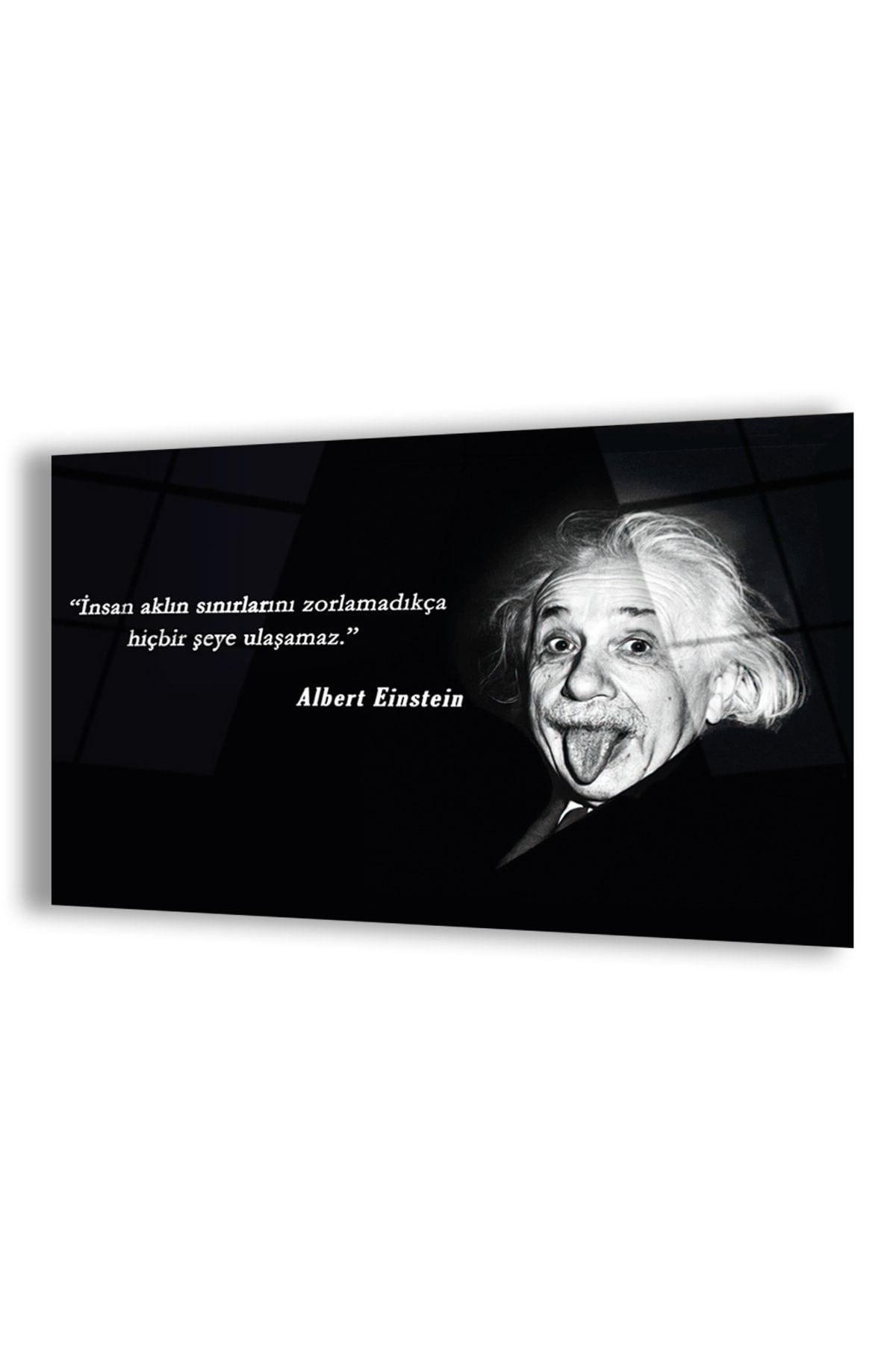 Çerçevesiz Yatay Siyah Arka Planlı Albert Einstein Kırılmaz Cam Tablo
