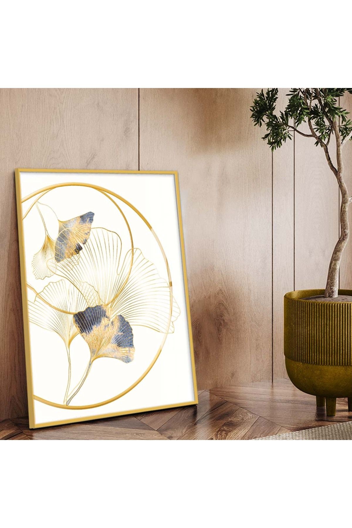 Gold Metal Çerçeveli Kolaj Çizim Çiçek Desen Kırılmaz Cam Tablo